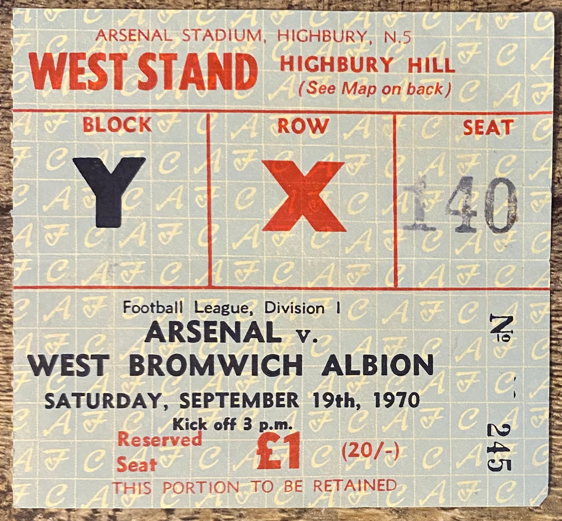 1970/71 ORIGINAL DIVISION ONE TICKET ARSENAL V WEST BROMWICH ALBION