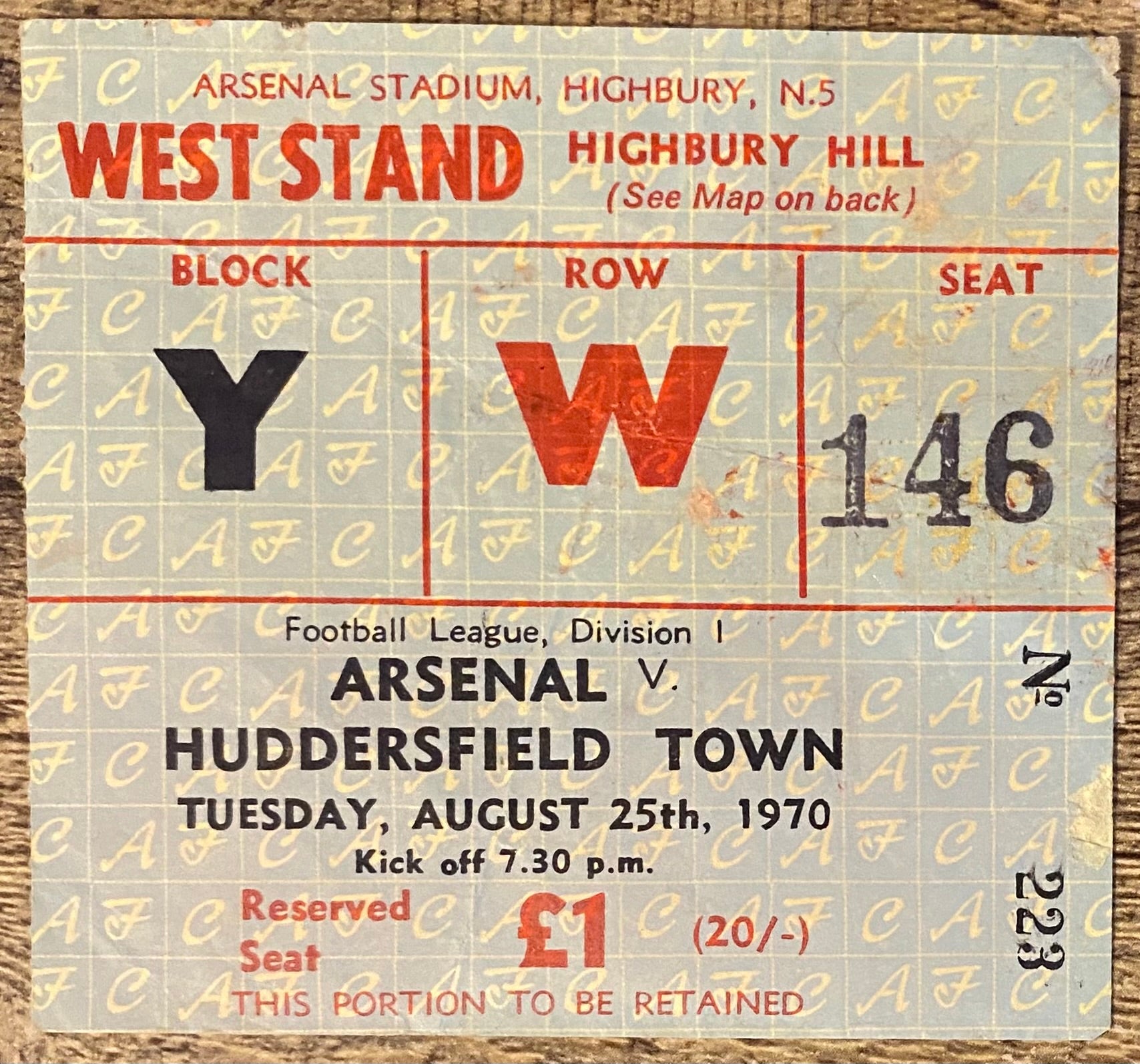 1970/71 ORIGINAL DIVISION ONE TICKET ARSENAL V HUDDERSFIELD TOWN