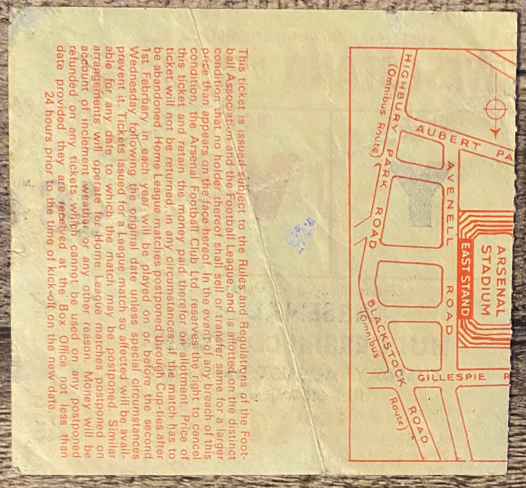 1970/71 ORIGINAL DIVISION ONE TICKET ARSENAL V HUDDERSFIELD TOWN