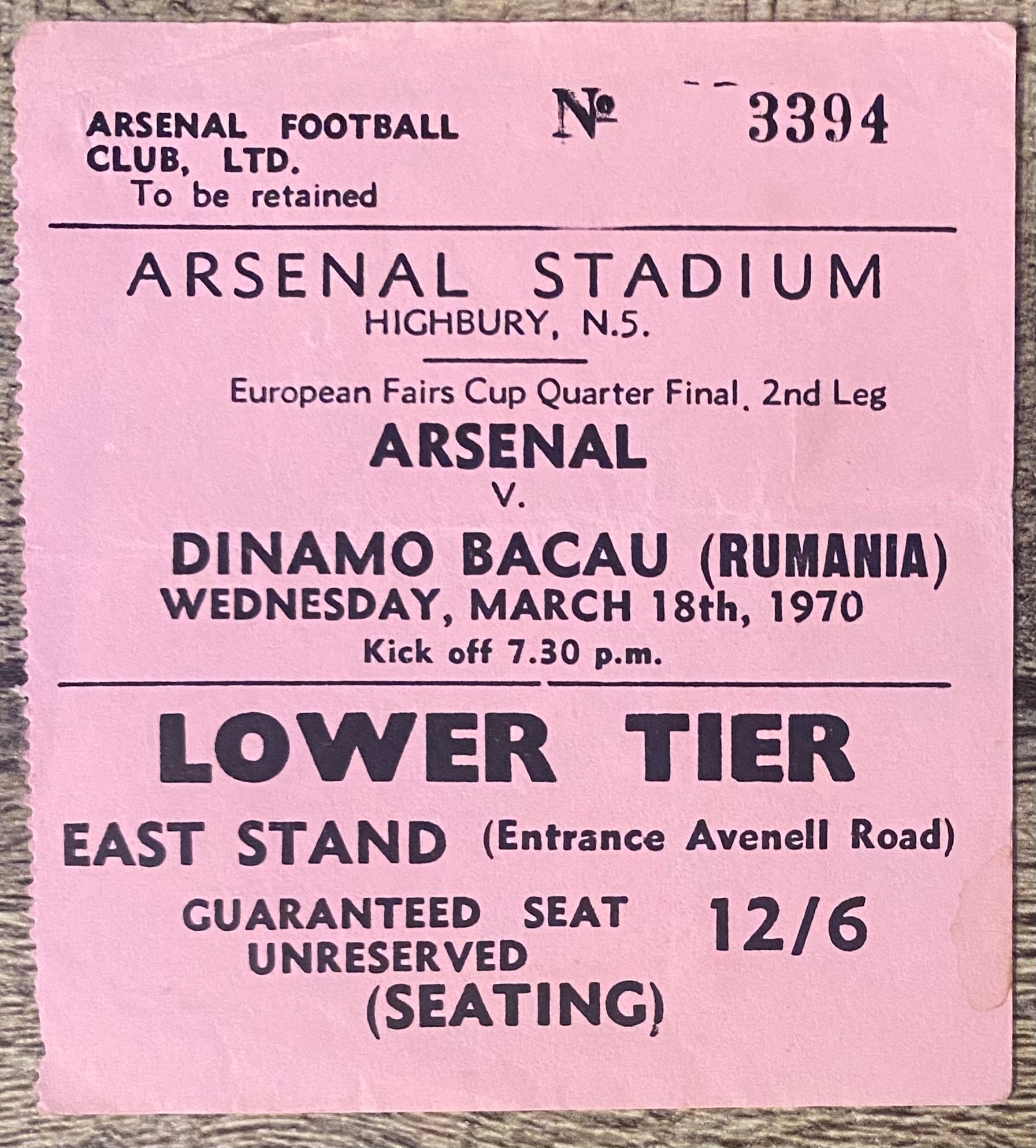 1969/70 ORIGINAL EUROPEAN FAIRS CUP QUARTER FINAL 2ND LEG TICKET ARSENAL V DINAMO BACAU