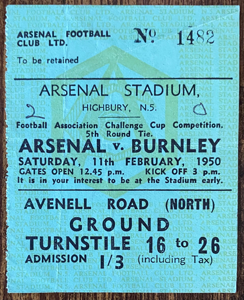 1949/50 ORIGINAL FA CUP 5TH ROUND TICKET ARSENAL V BURNLEY