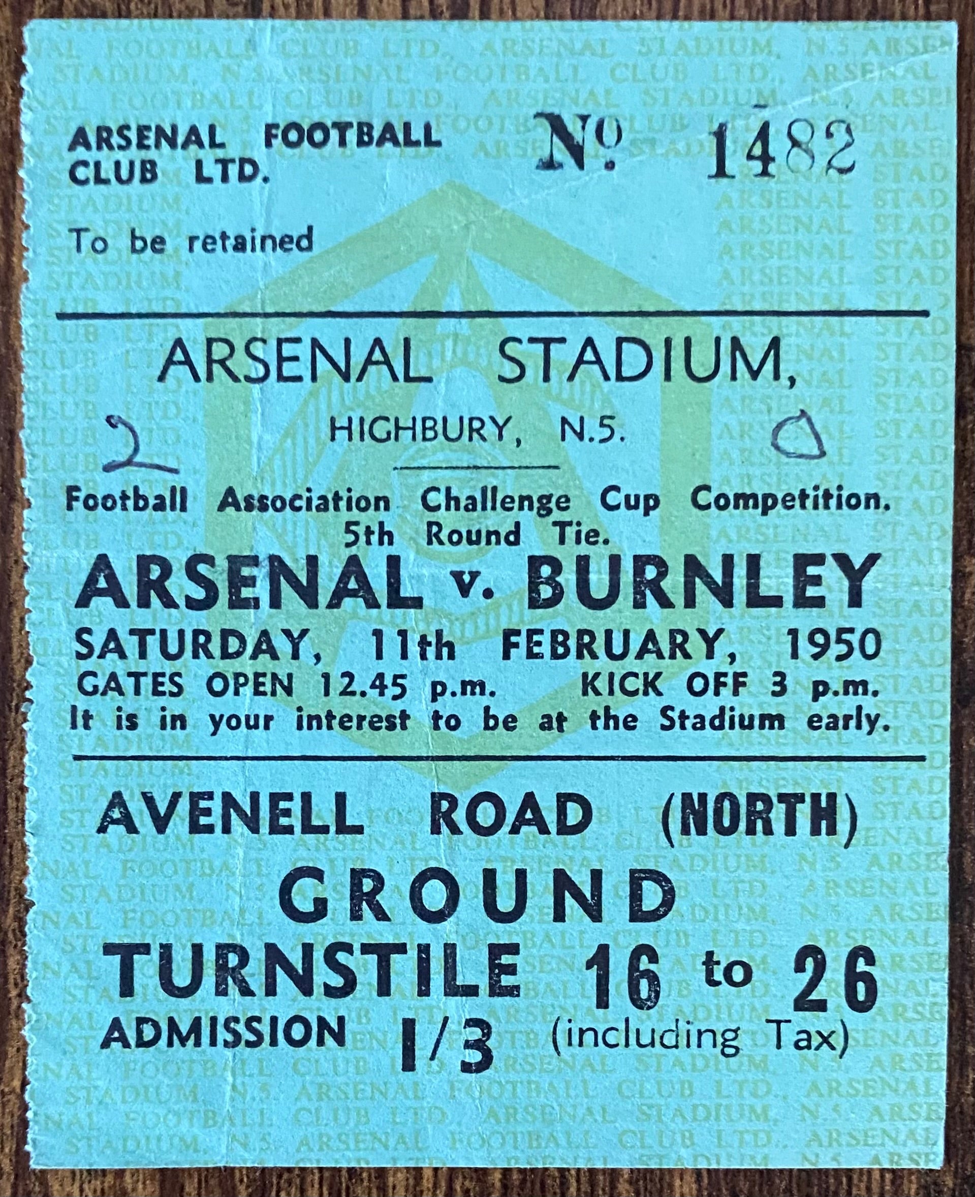 1949/50 ORIGINAL FA CUP 5TH ROUND TICKET ARSENAL V BURNLEY