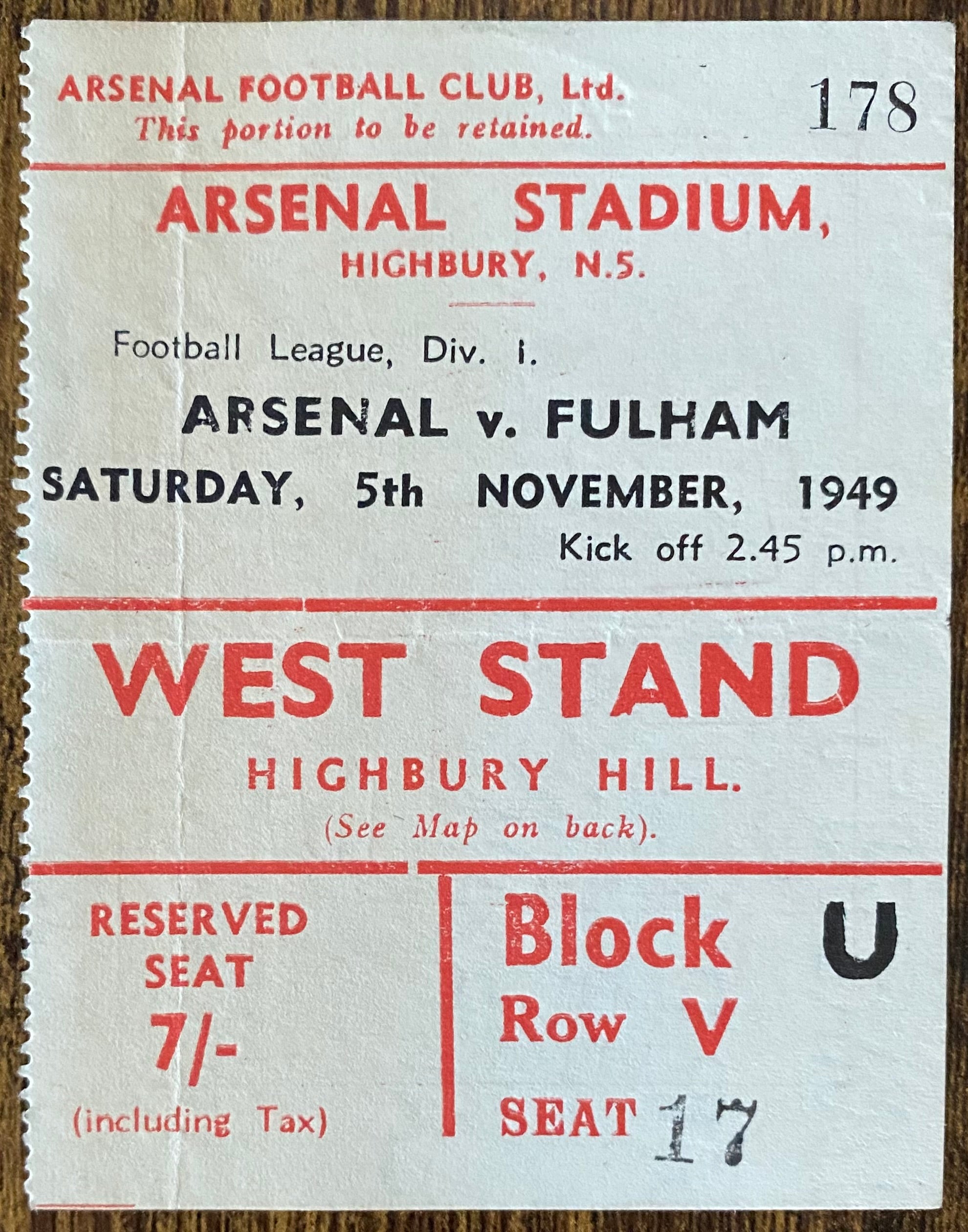 1949/50 ORIGINAL DIVISION ONE TICKET ARSENAL V FULHAM