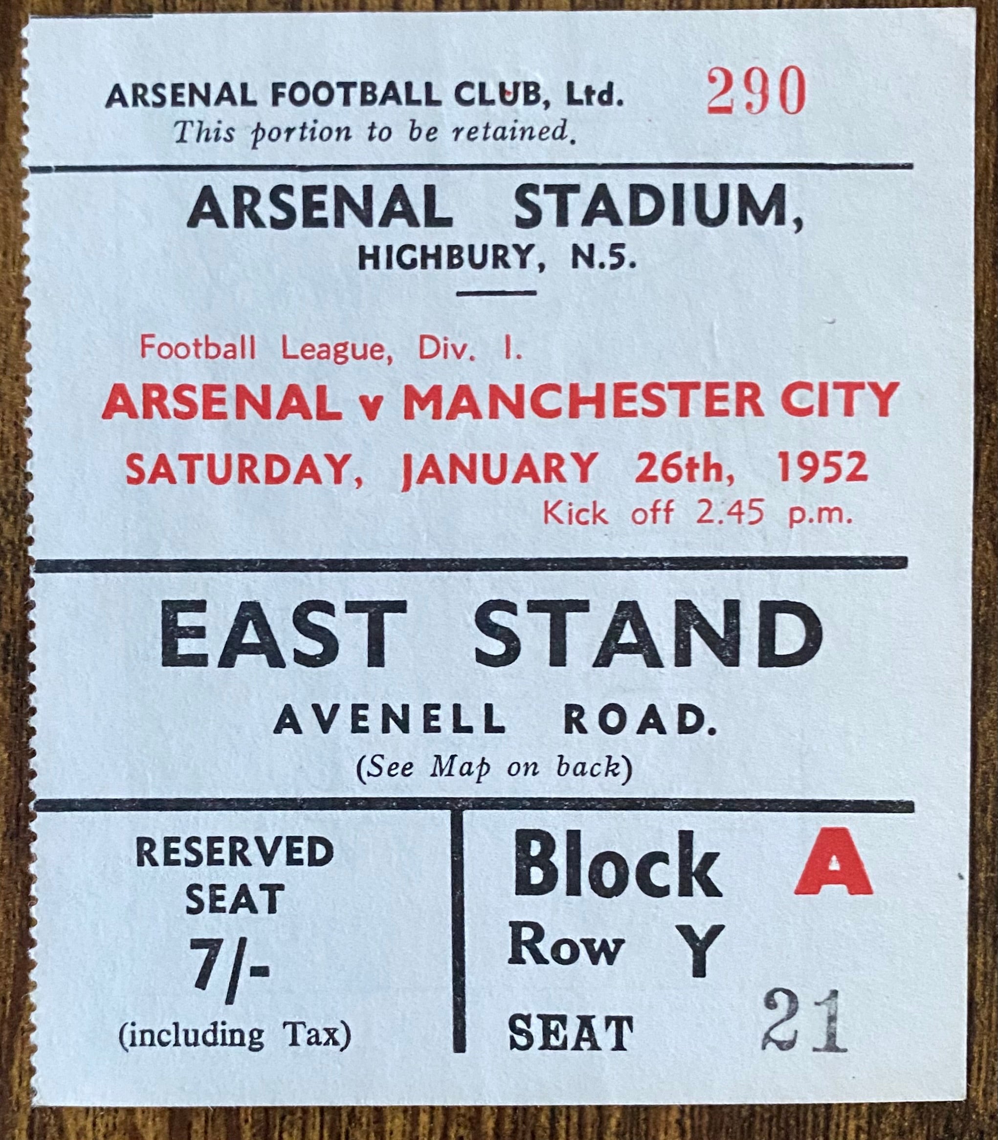 1951/52 ORIGINAL DIVISION ONE TICKET ARSENAL V MANCHESTER CITY