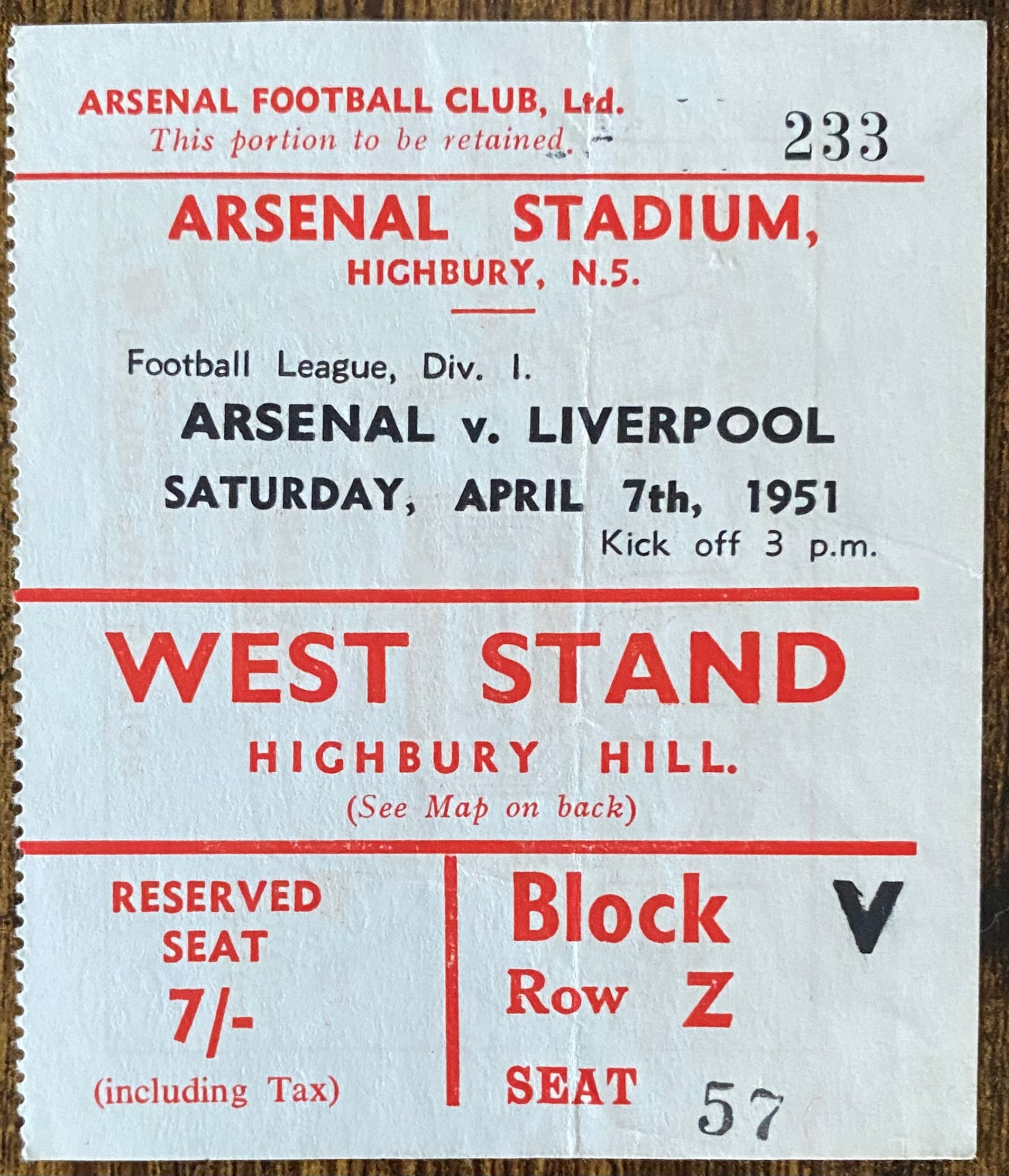 1950/51 ORIGINAL DIVISION ONE TICKET ARSENAL V LIVERPOOL