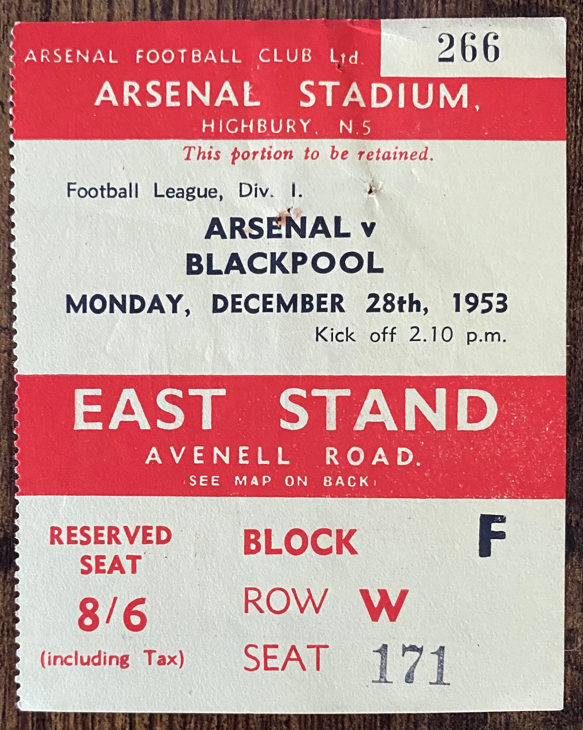 1953/54 ORIGINAL DIVISION ONE TICKET ARSENAL V BLACKPOOL
