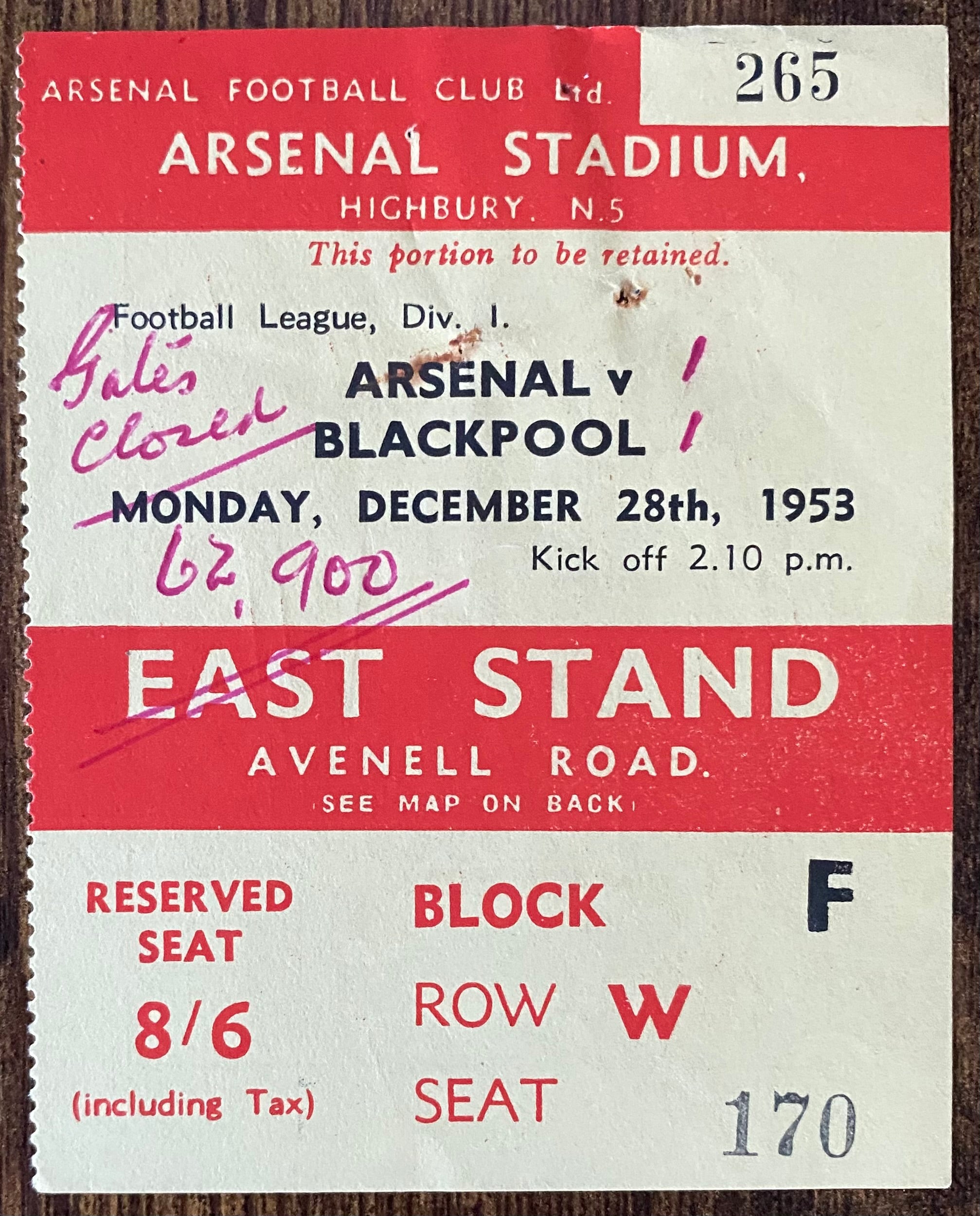 1953/54 ORIGINAL DIVISION ONE TICKET ARSENAL V BLACKPOOL