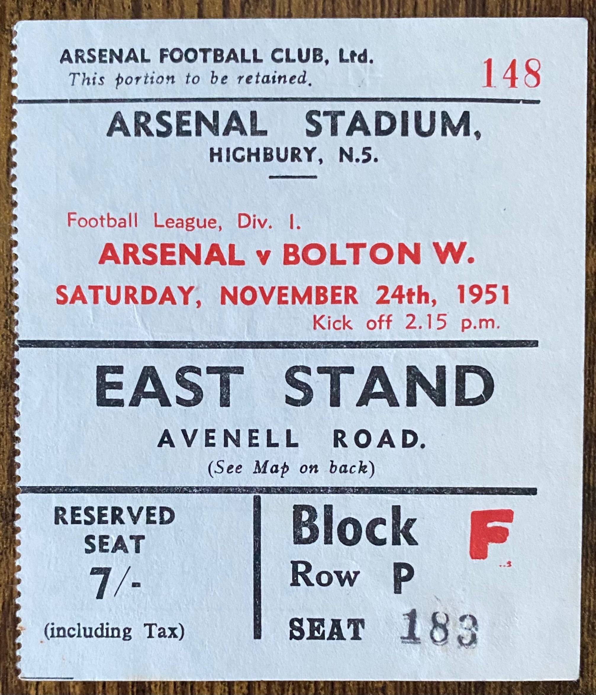 1951/52 ORIGINAL DIVISION ONE TICKET ARSENAL V BOLTON WANDERERS