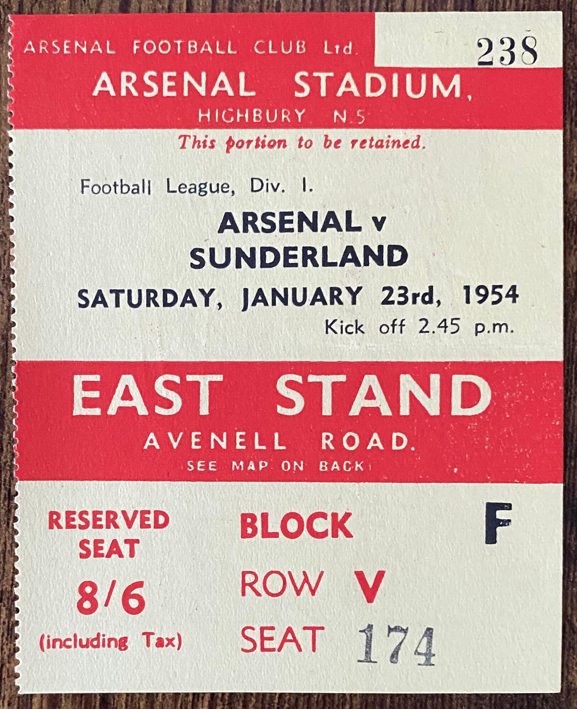 1953/54 ORIGINAL DIVISION ONE TICKET ARSENAL V SUNDERLAND