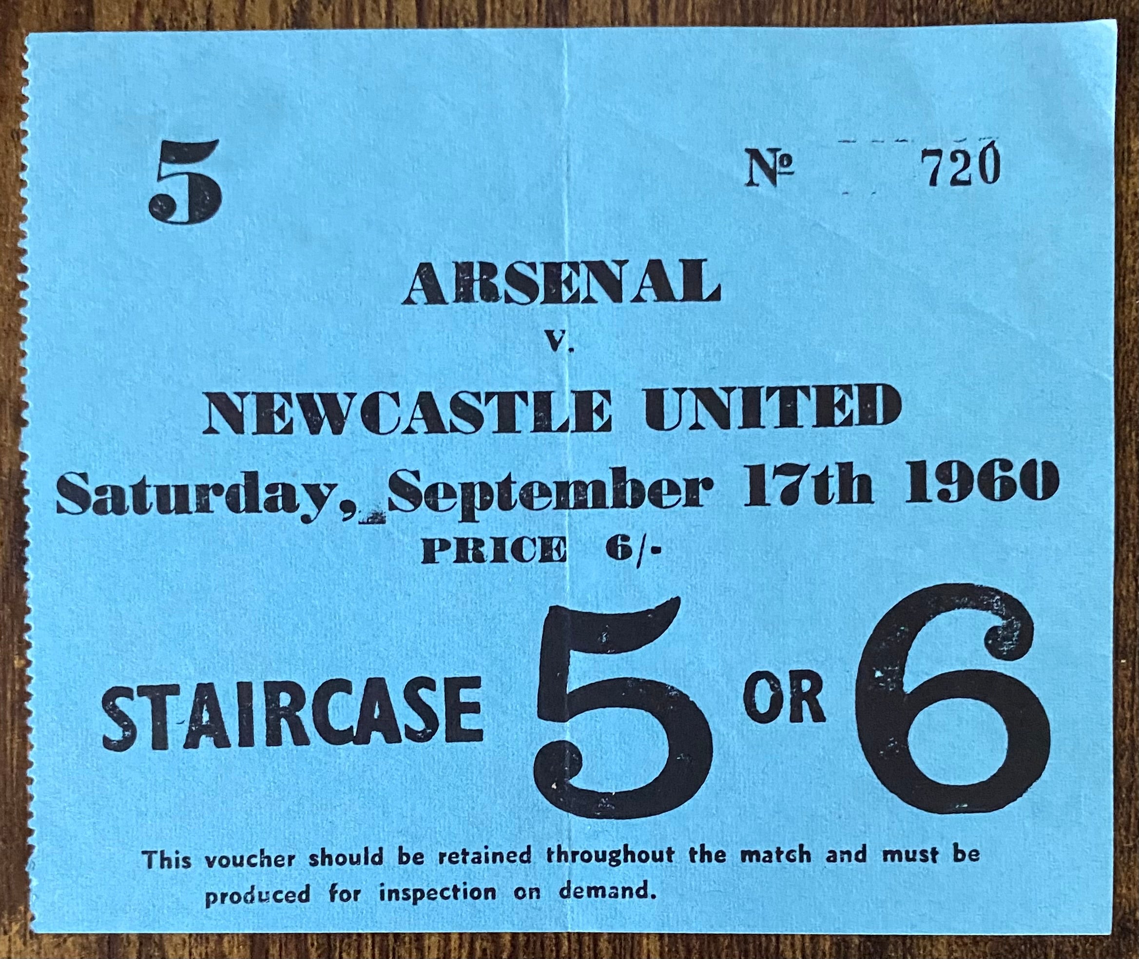 1960/61 ORIGINAL DIVISION ONE TICKET ARSENAL V NEWCASTLE UNITED