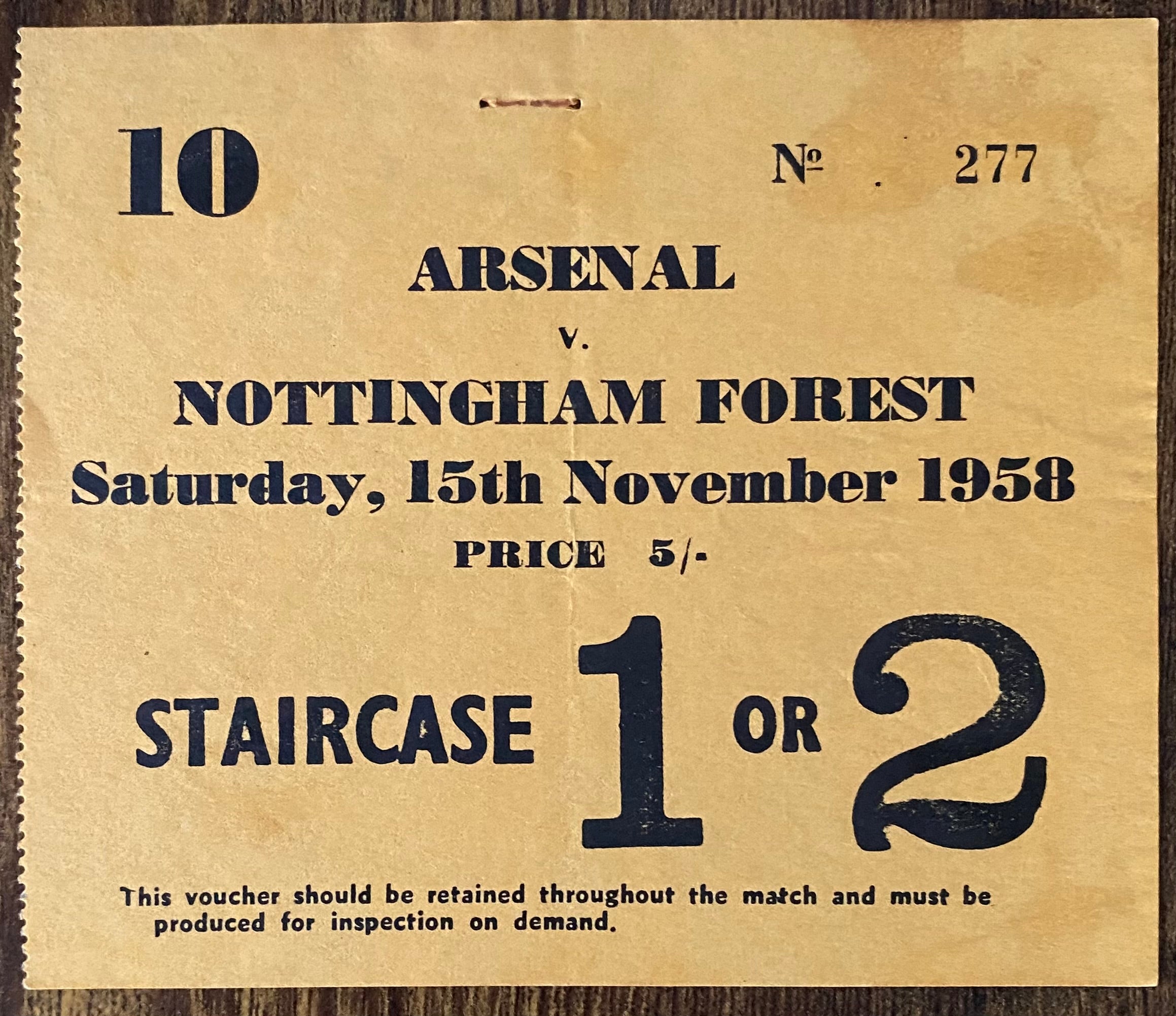 1958/59 ORIGINAL DIVISION ONE TICKET ARSENAL V NOTTINGHAM FOREST