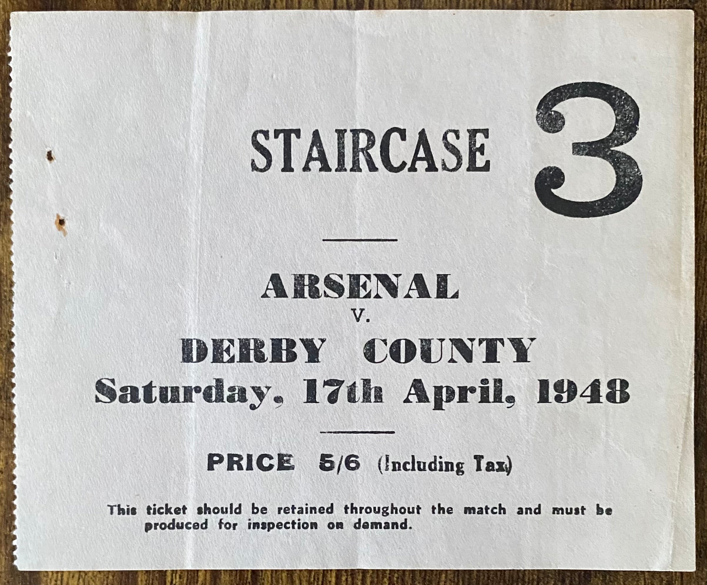 1947/48 ORIGINAL DIVISION ONE TICKET ARSENAL V DERBY COUNTY