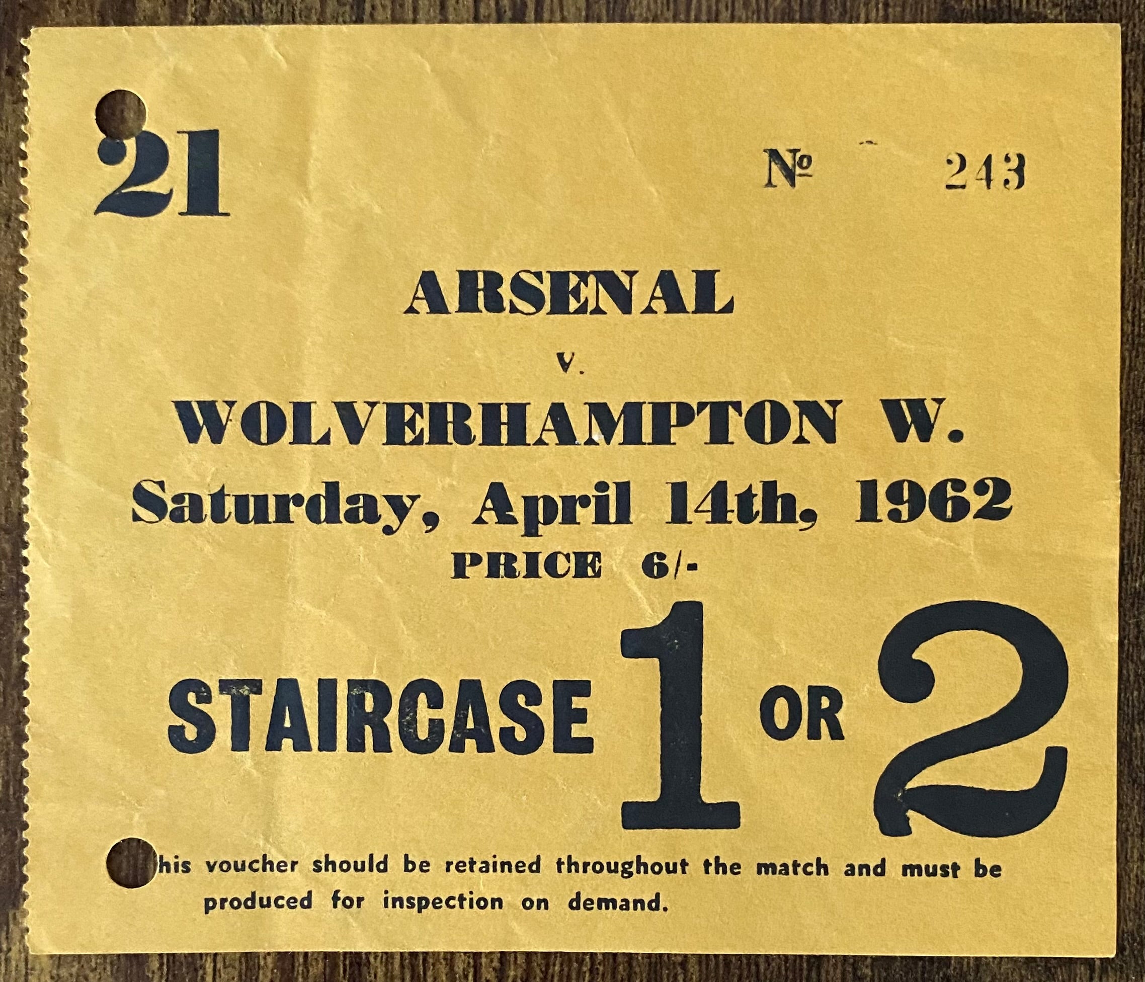 1961/62 ORIGINAL DIVISION ONE TICKET ARSENAL V WOLVERHAMPTON WANDERERS