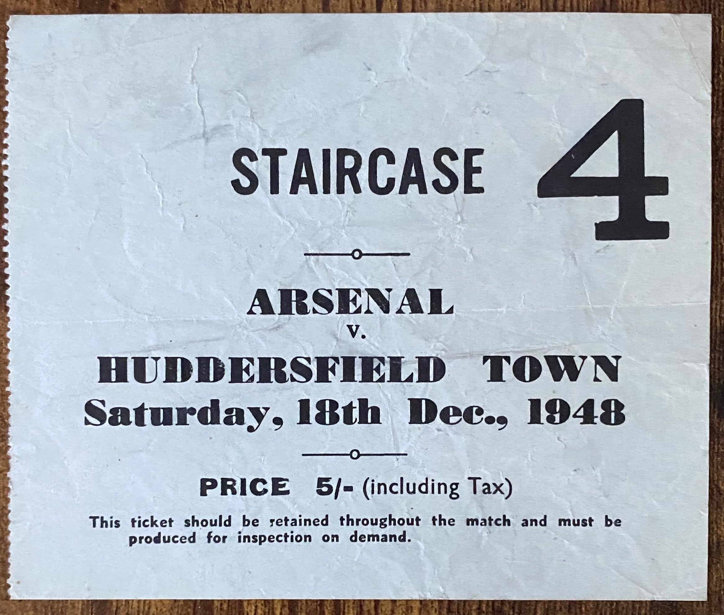 1948/49 ORIGINAL DIVISION ONE TICKET ARSENAL V HUDDERSFIELD TOWN