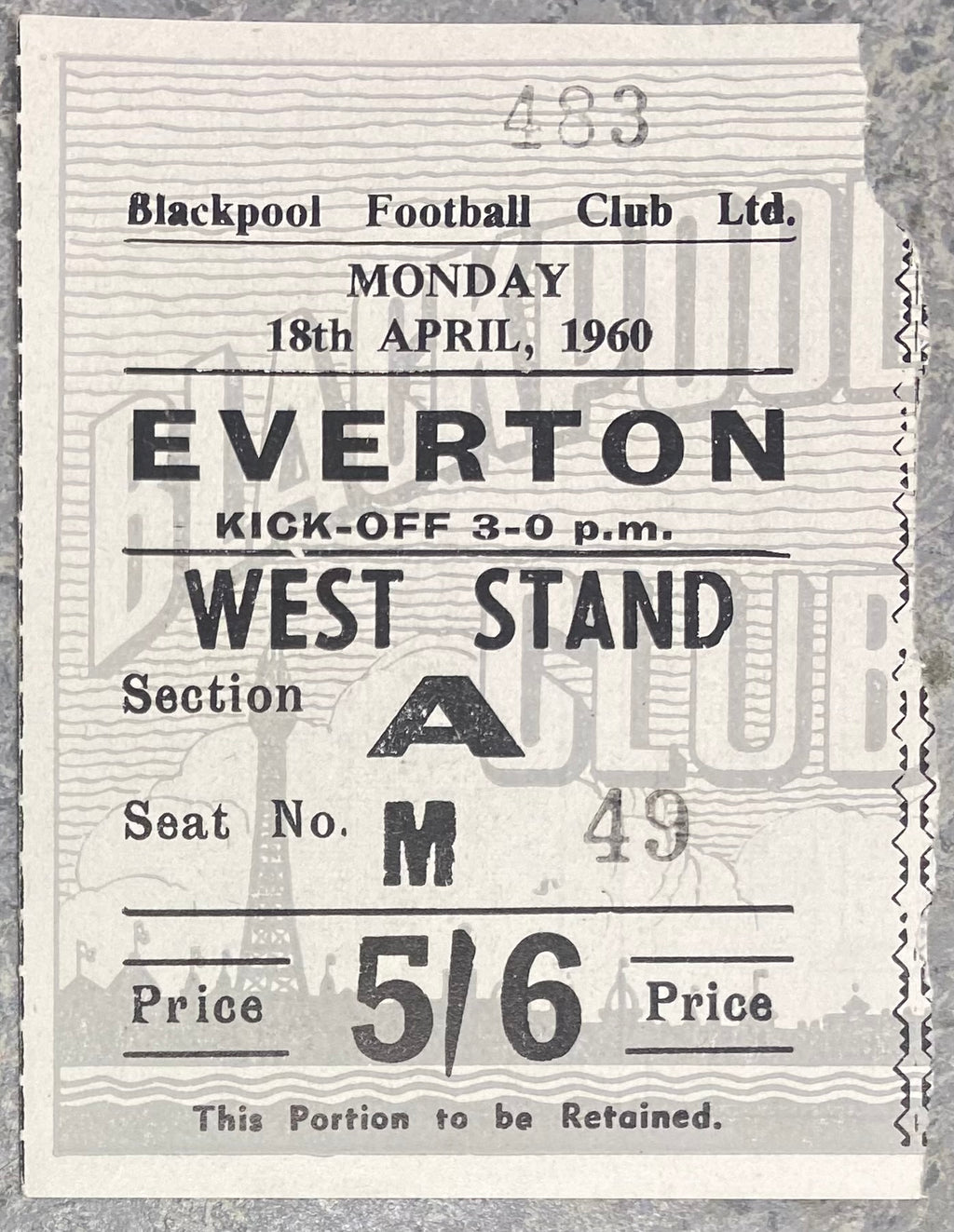 1959/60 ORIGINAL FA CUP DIVISION ONE TICKET BLACKPOOL V EVERTON