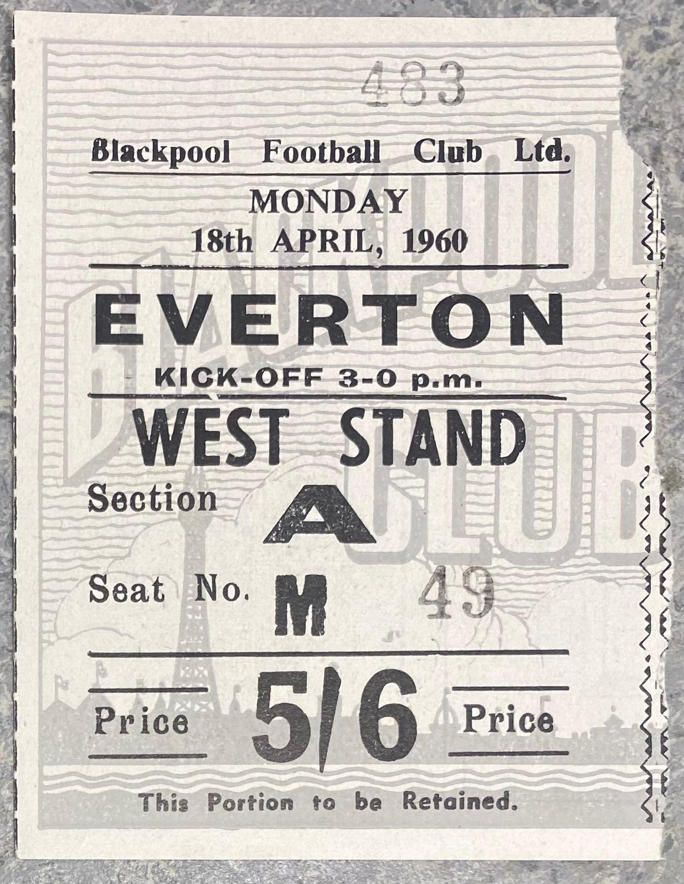 1959/60 ORIGINAL FA CUP DIVISION ONE TICKET BLACKPOOL V EVERTON