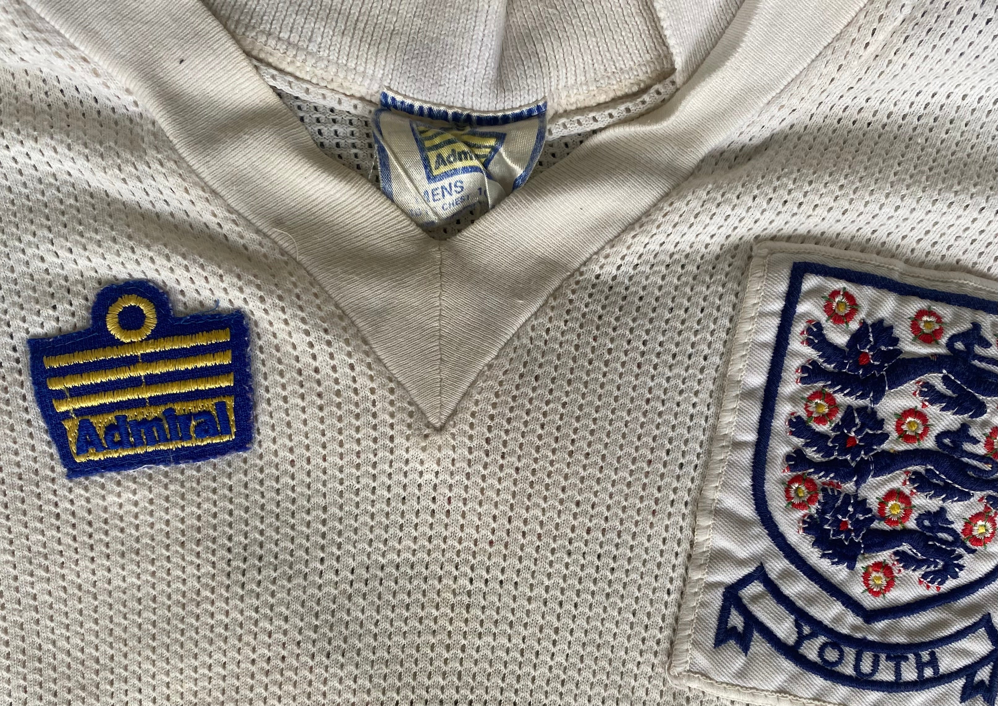 1978/79 ENGLAND MATCH WORN U18 AERTEX ADMIRAL HOME SHIRT #12