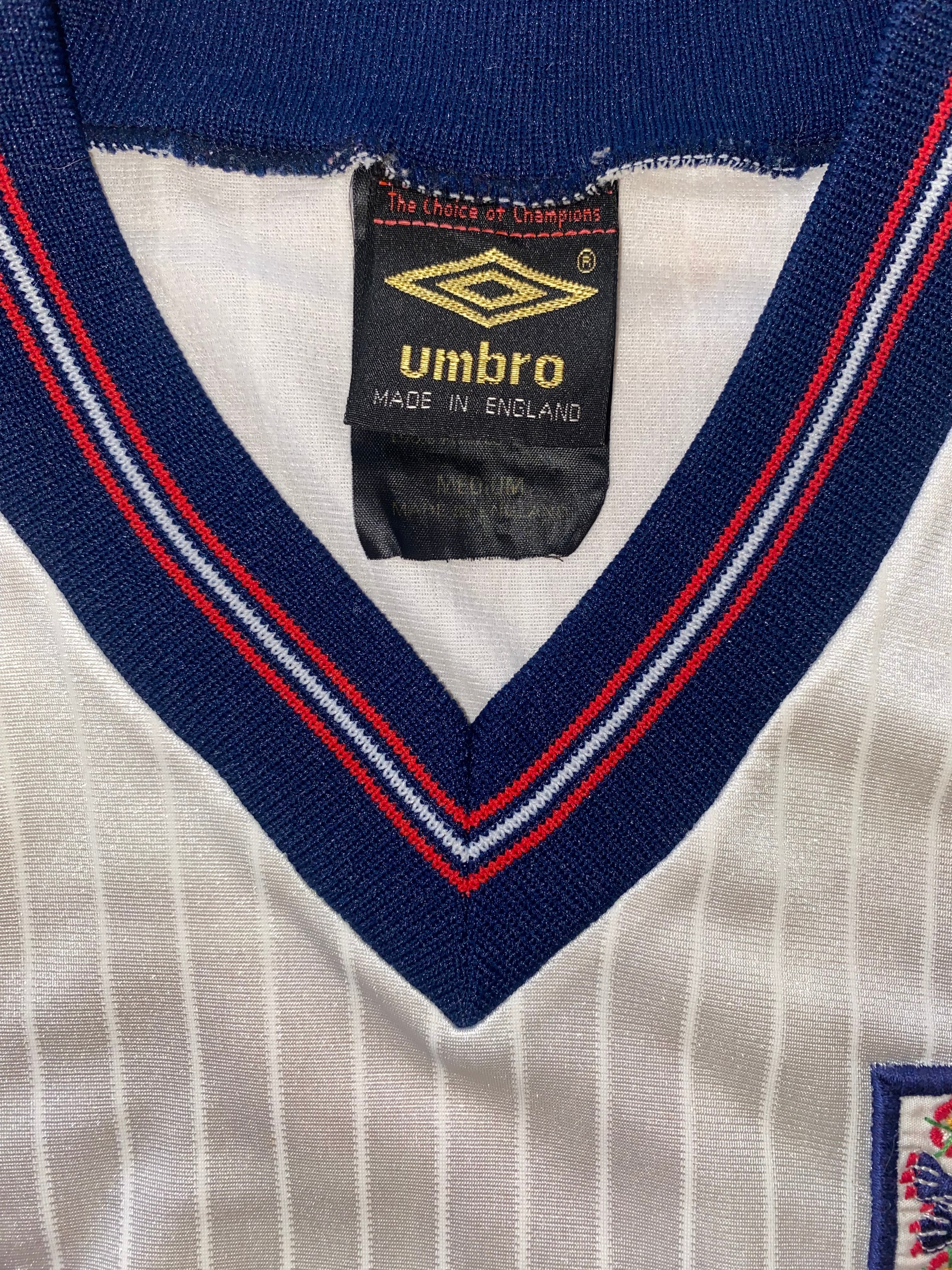 1986 ENGLAND U18 MATCH WORN UMBRO HOME SHIRT #16