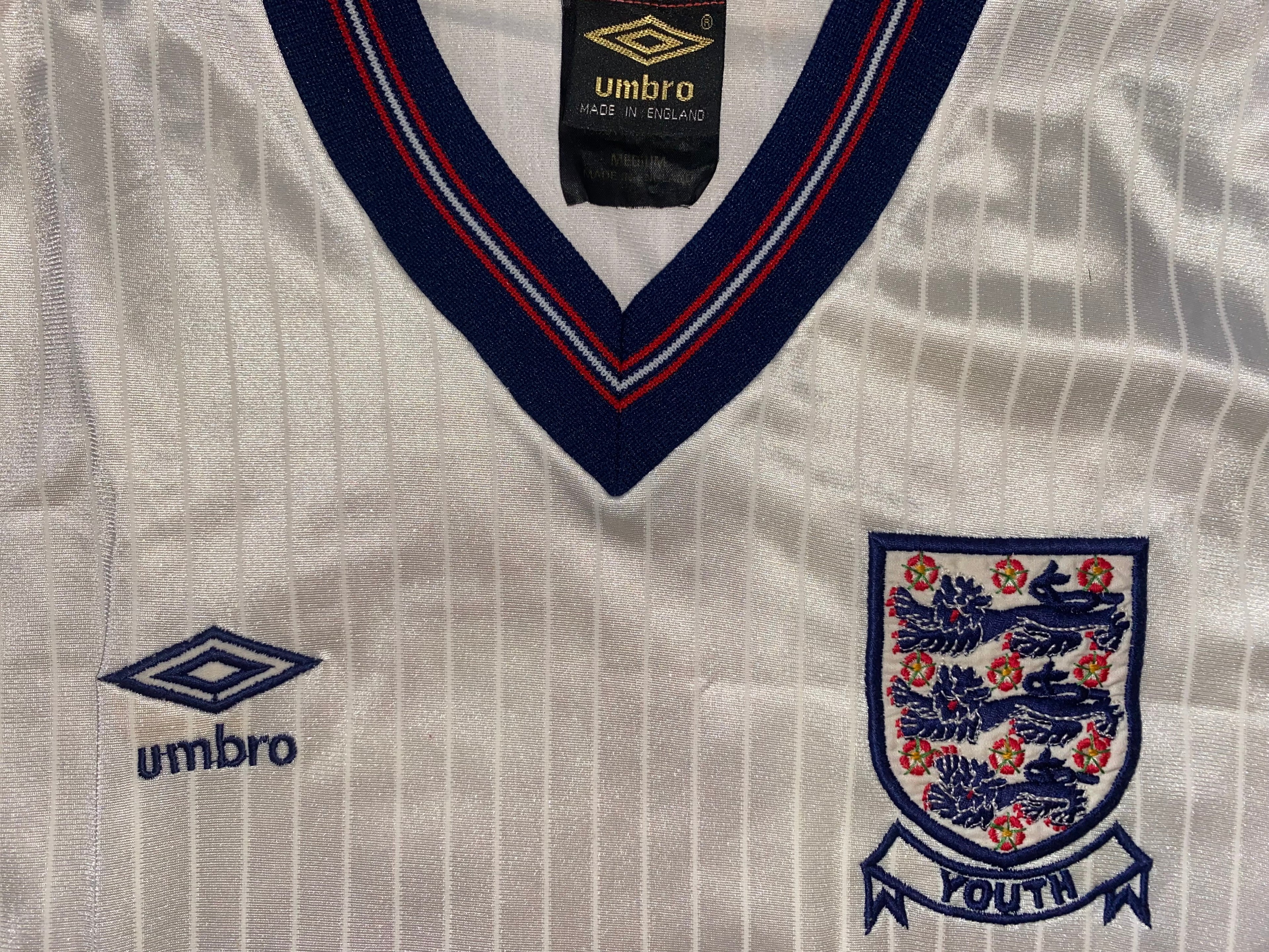 1986 ENGLAND U18 MATCH WORN UMBRO HOME SHIRT #16