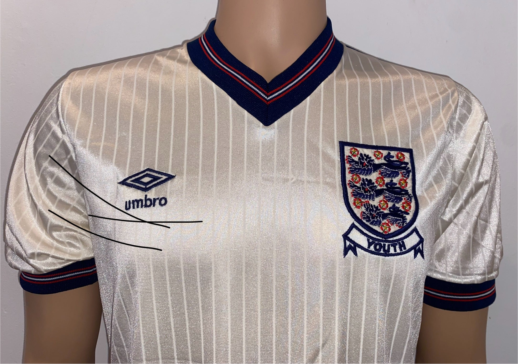 1986 ENGLAND U18 MATCH WORN UMBRO HOME SHIRT #16