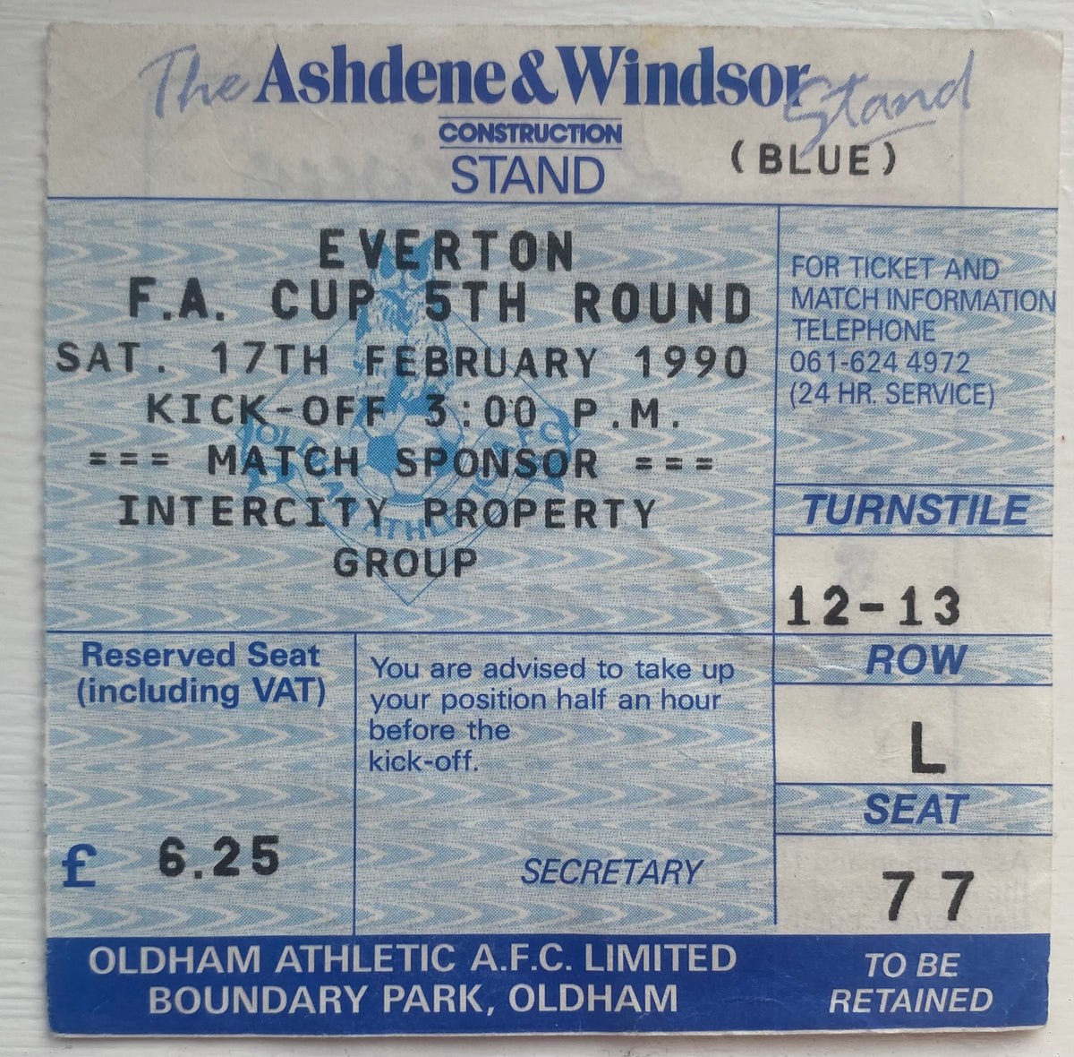 1989/90 ORIGINAL FA CUP 5TH ROUND TICKET OLDHAM ATHLETIC V EVERTON