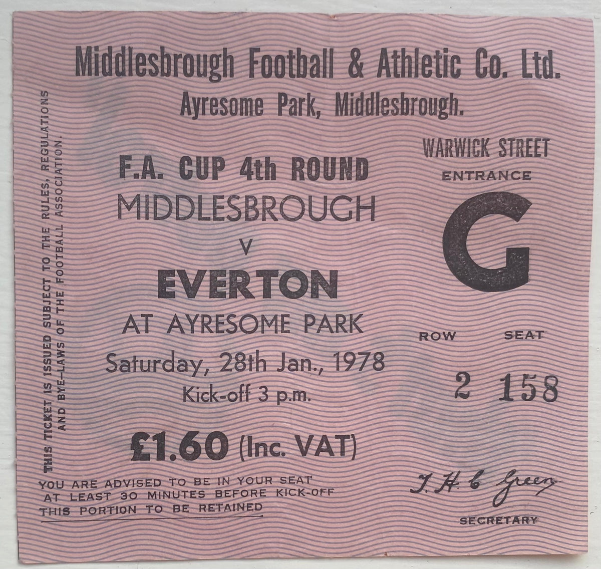 1977/78 ORIGINAL FA CUP 4TH ROUND TICKET MIDDLESBROUGH V EVERTON