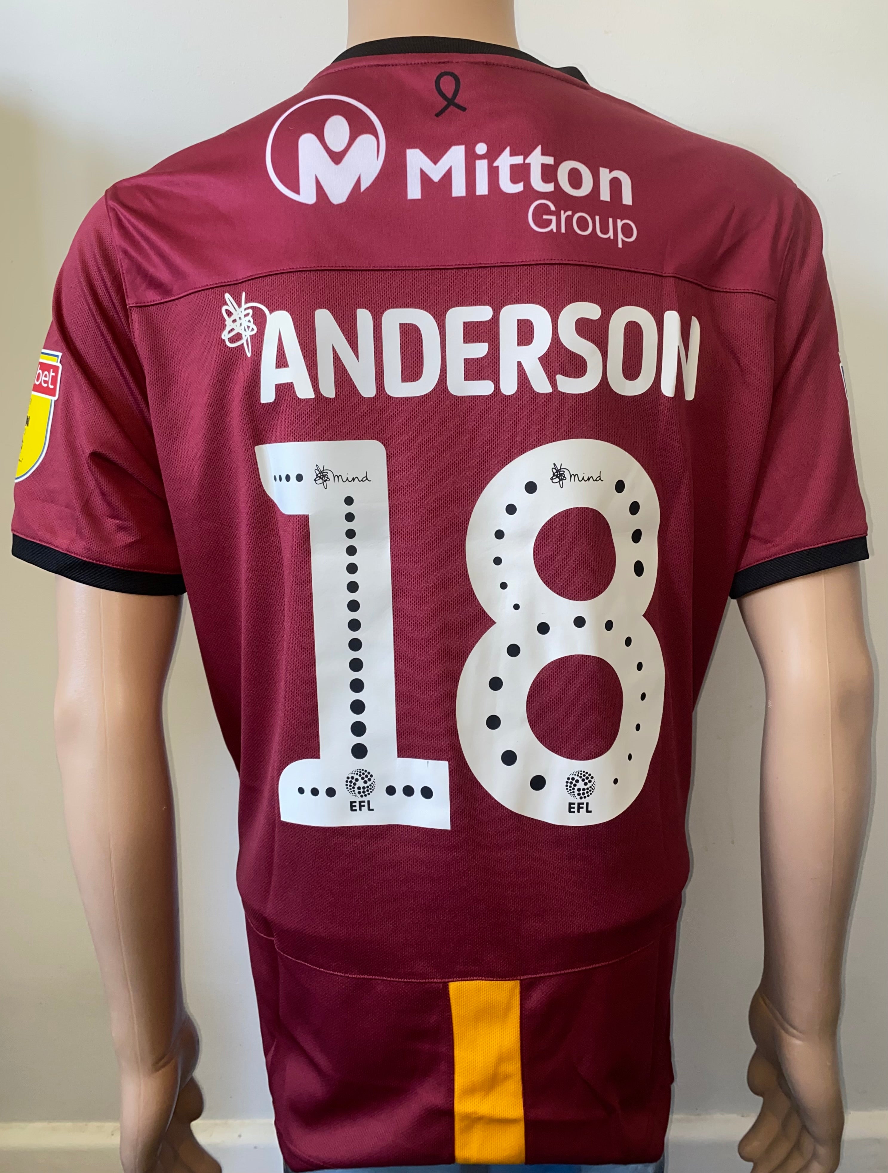2019/20 BRADFORD CITY MATCH WORN HOME SHIRT (ANDERSON #18)