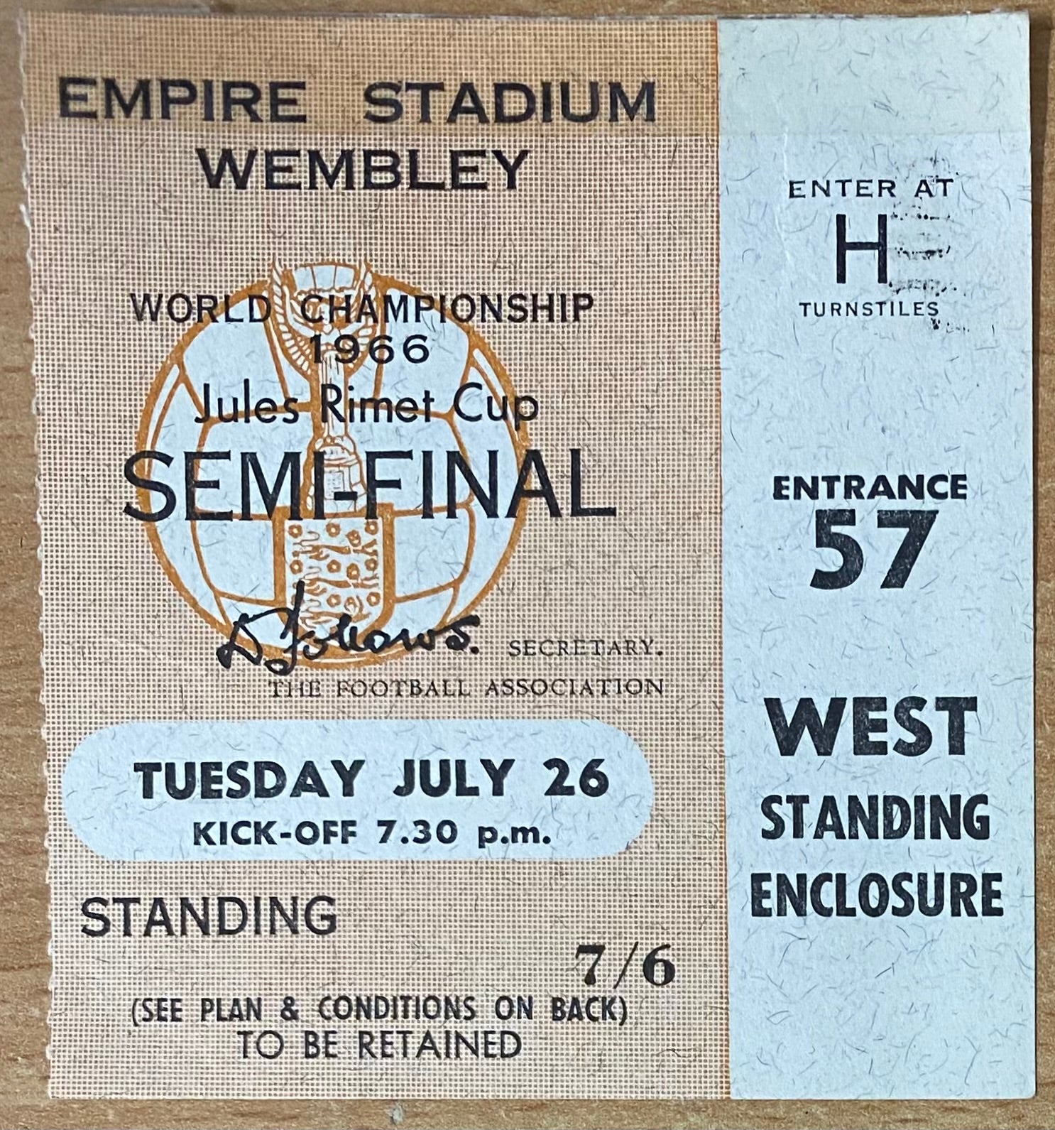 1966 ORIGINAL WORLD CUP SEMI FINAL TICKET ENGLAND V PORTUGAL @ WEMBLEY