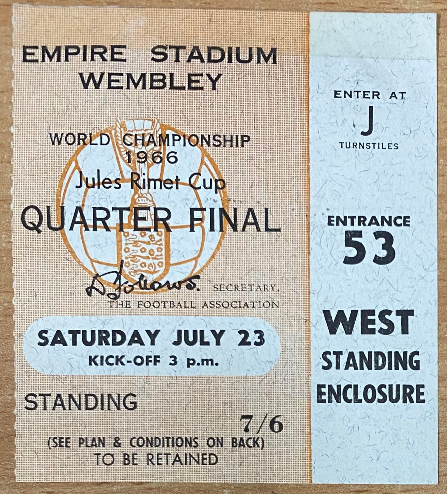 1966 ORIGINAL WORLD CUP QUARTER FINAL TICKET ENGLAND V ARGENTINA @ WEMBLEY