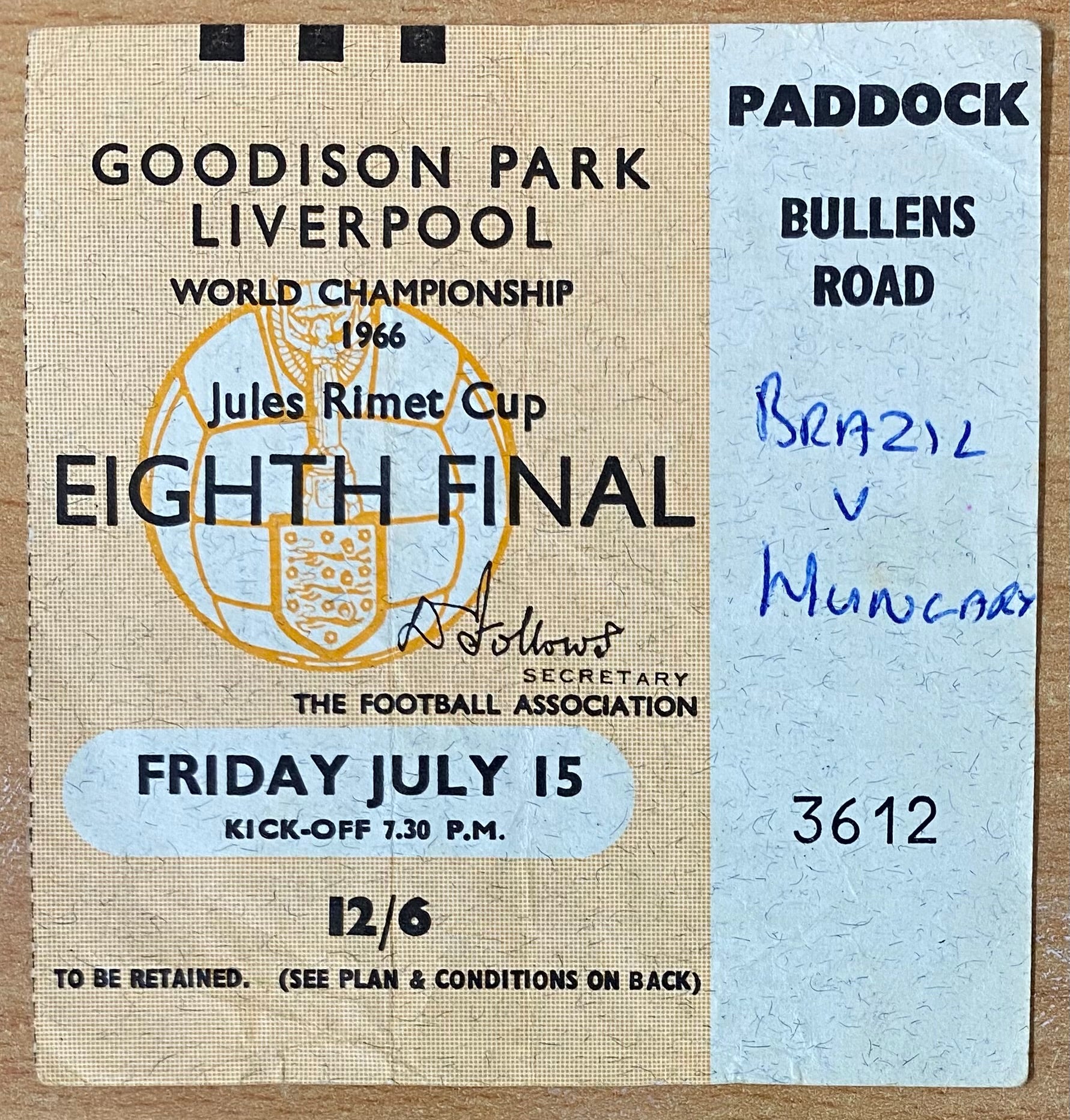 1966 ORIGINAL WORLD CUP 1ST ROUND TICKET BRAZIL V BULGARIA @ GOODISON PARK