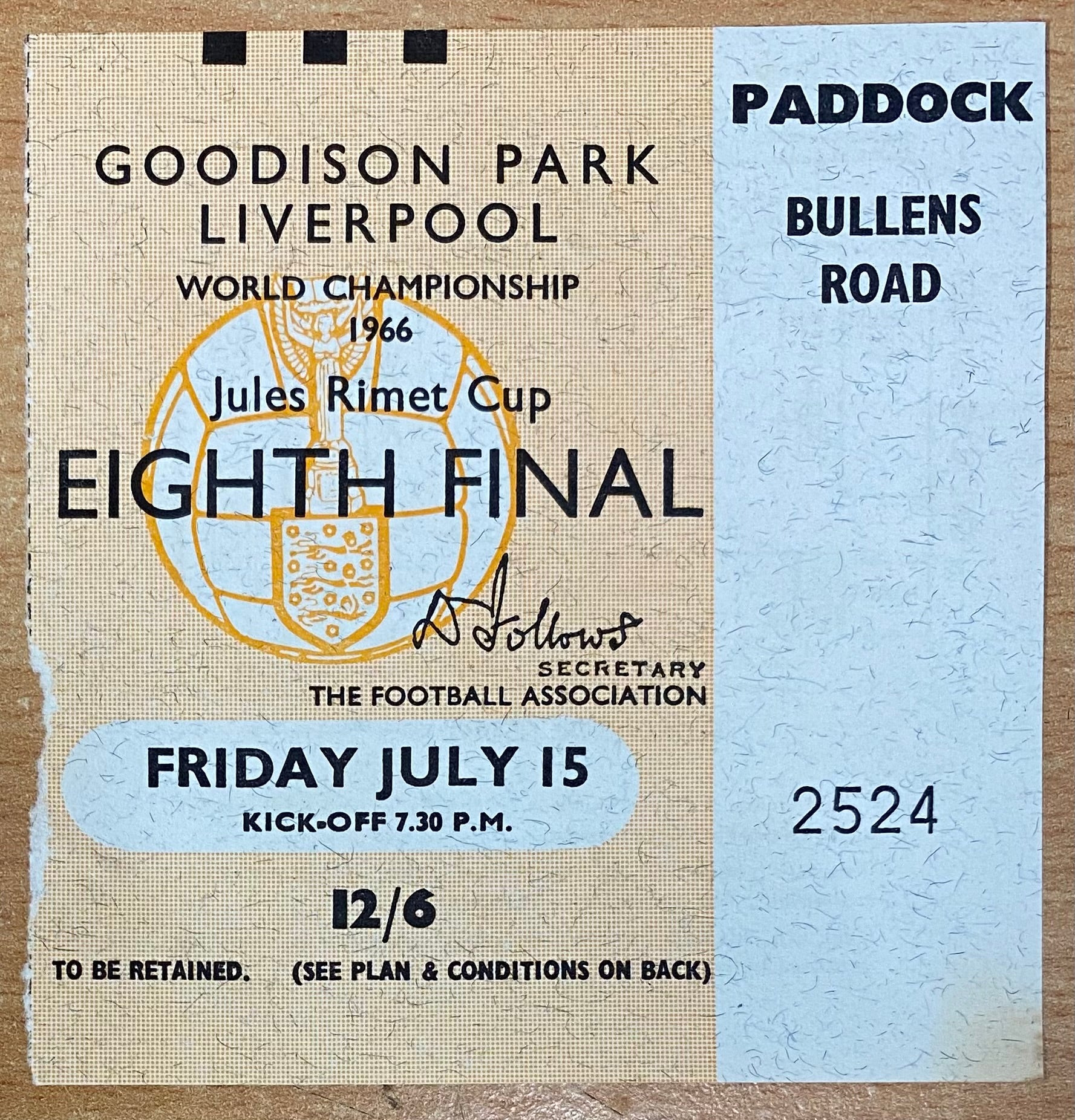 1966 ORIGINAL WORLD CUP 1ST ROUND TICKET BRAZIL V BULGARIA @ GOODISON PARK