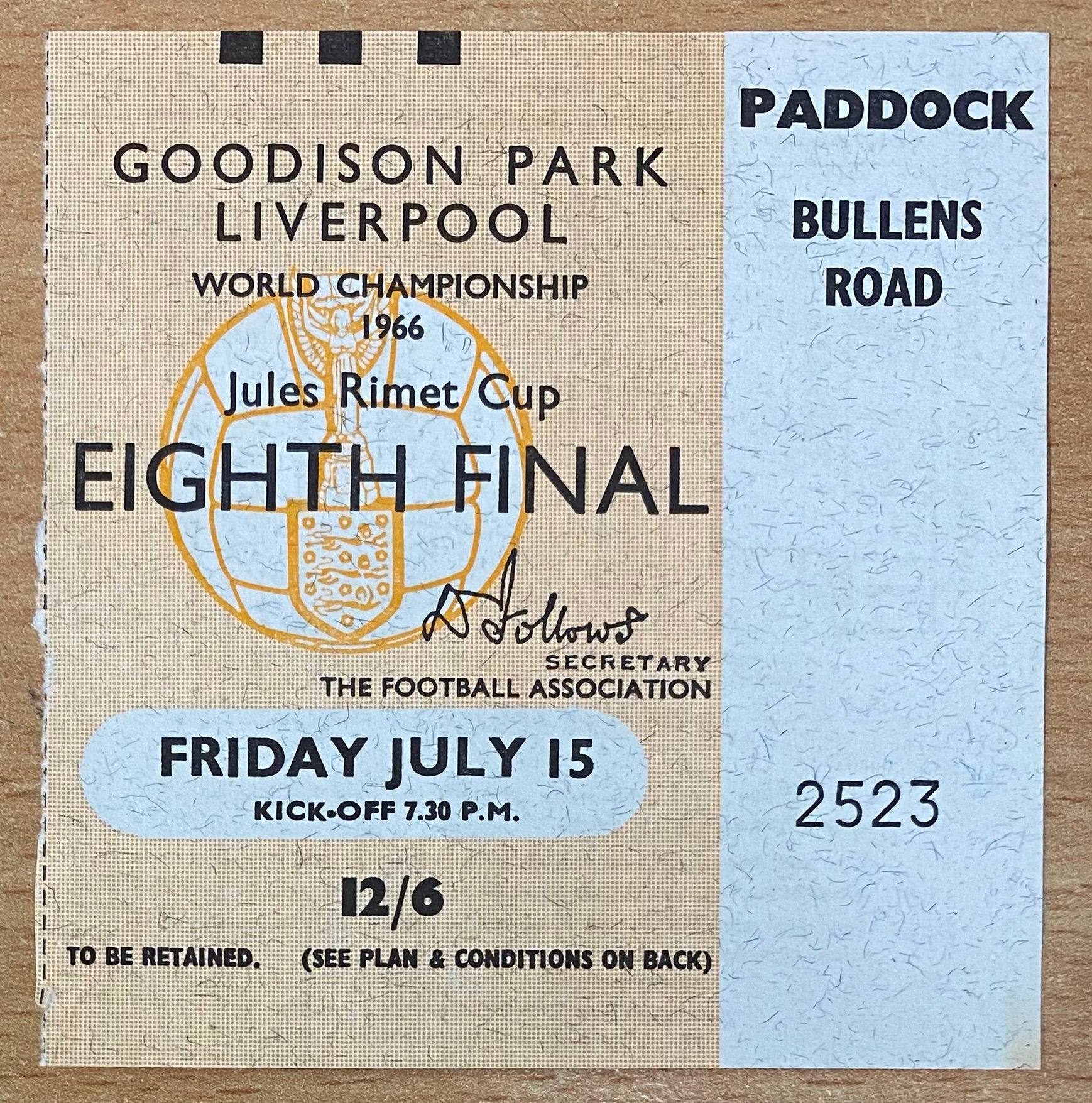 1966 ORIGINAL WORLD CUP 1ST ROUND TICKET BRAZIL V BULGARIA @ GOODISON PARK