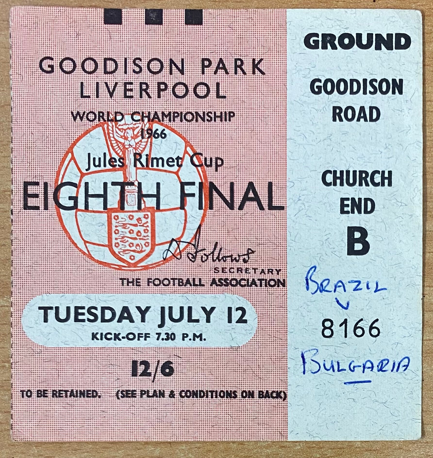 1966 ORIGINAL WORLD CUP 1ST ROUND TICKET BRAZIL V BULGARIA @ GOODISON PARK