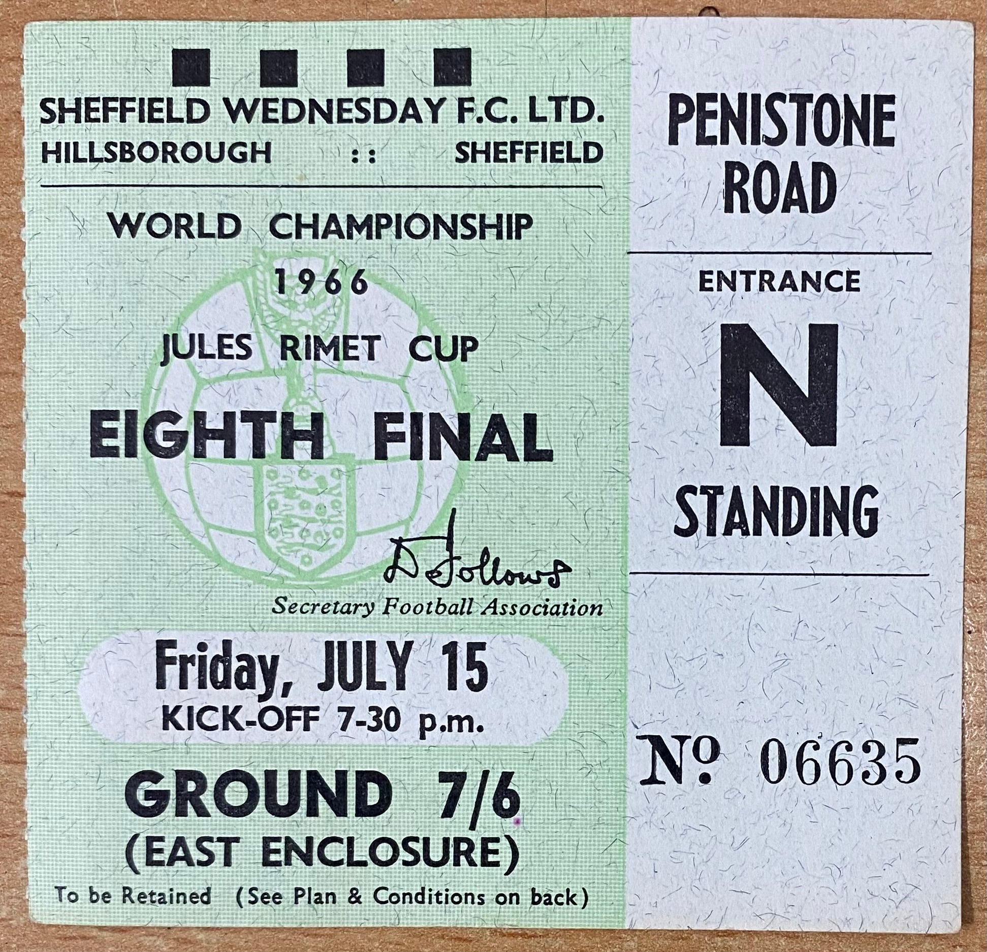 1966 ORIGINAL WORLD CUP 1ST ROUND TICKET SPAIN V SWITZERLAND @ HILLSBOROUGH