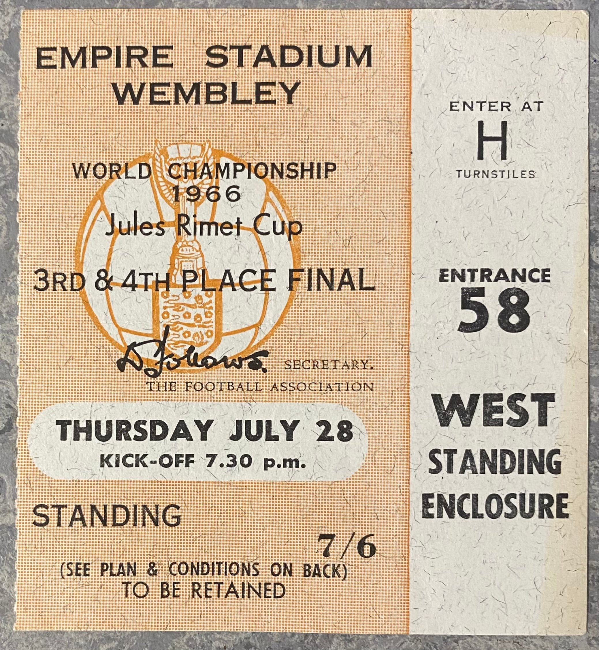 1966 ORIGINAL WORLD CUP 3RD PLACE PLAY OFF TICKET PORTUGAL V SOVIET UNION @ WEMBLEY