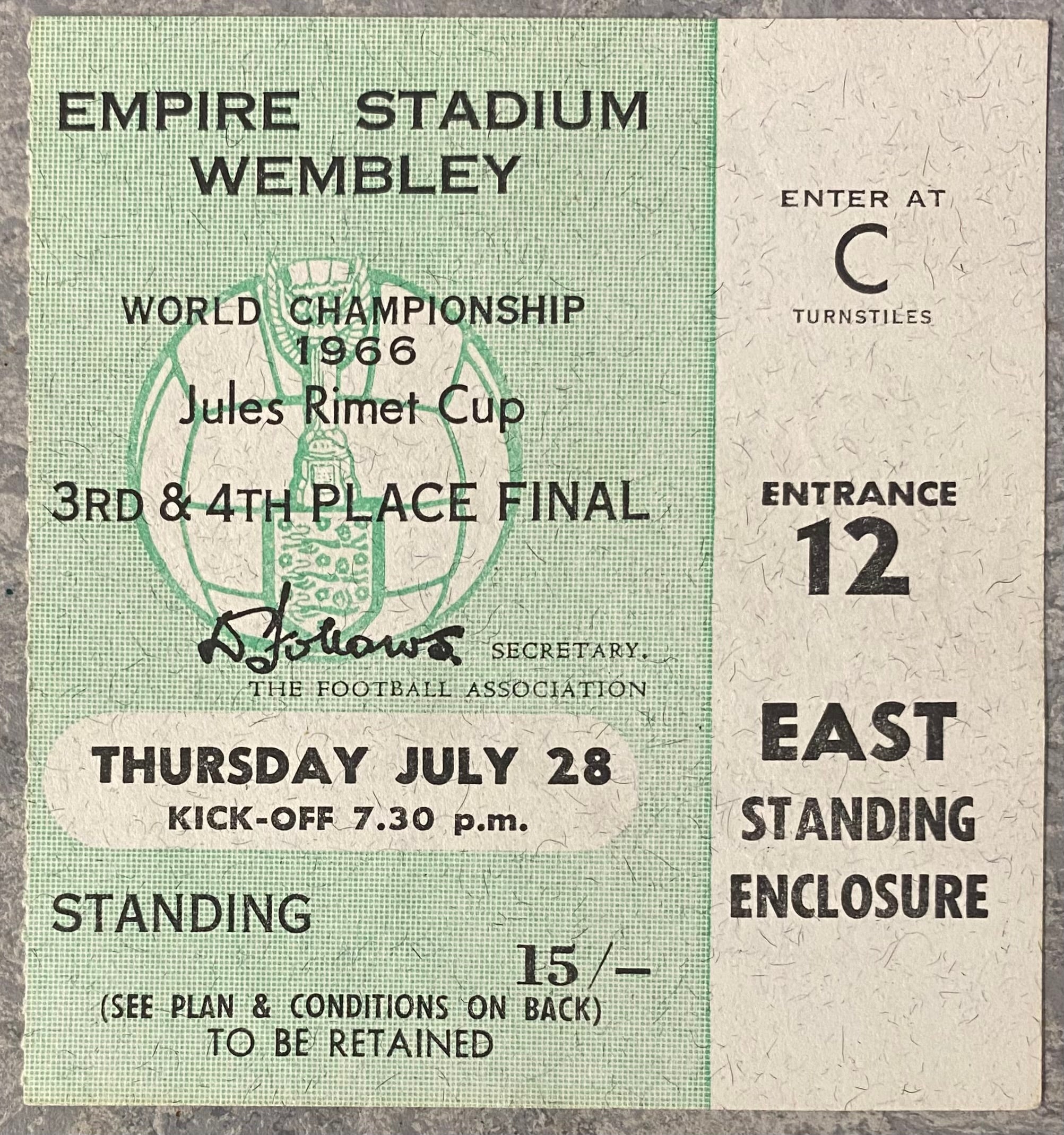 1966 ORIGINAL WORLD CUP 3RD PLACE PLAY OFF TICKET PORTUGAL V SOVIET UNION @ WEMBLEY