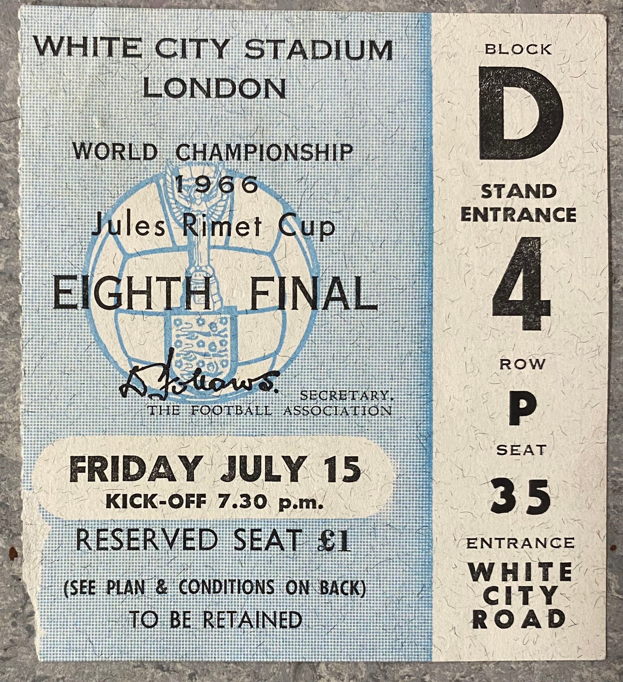 1966 ORIGINAL WORLD CUP 1ST ROUND TICKET URUGUAY V FRANCE @ WHITE CITY