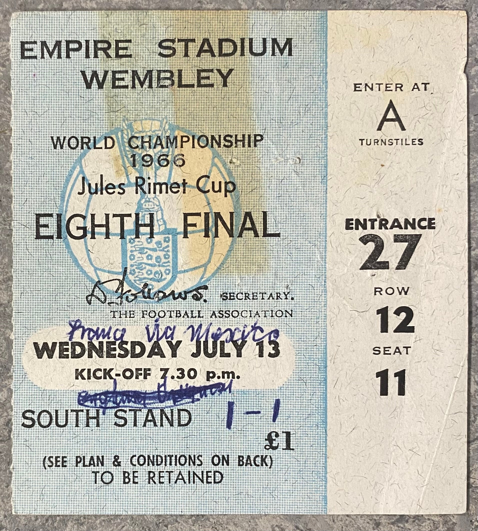 1966 ORIGINAL WORLD CUP 1ST ROUND TICKET MEXICO V FRANCE @ WEMBLEY