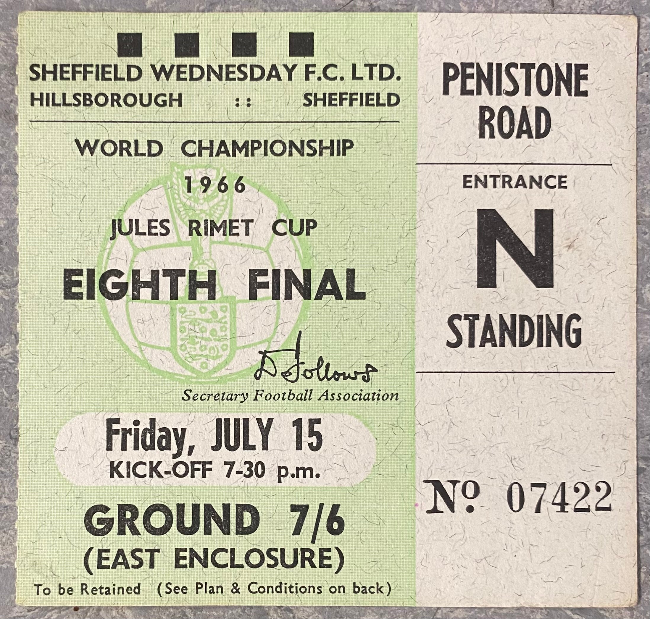 1966 ORIGINAL WORLD CUP 1ST ROUND TICKET SPAIN V SWITZERLAND @ HILLSBOROUGH