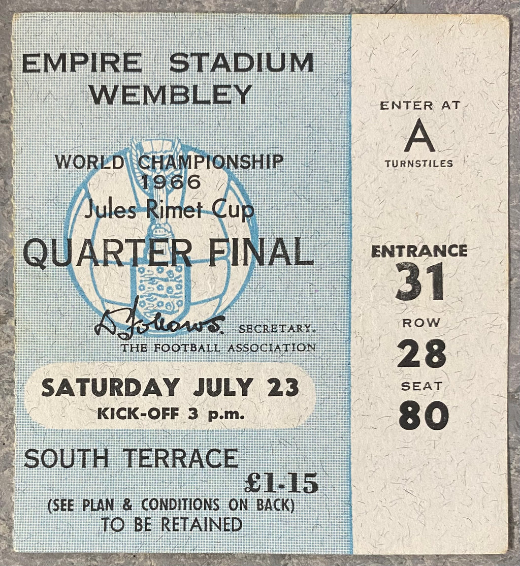 1966 ORIGINAL WORLD CUP QUARTER FINAL TICKET ENGLAND V ARGENTINA @ WEMBLEY