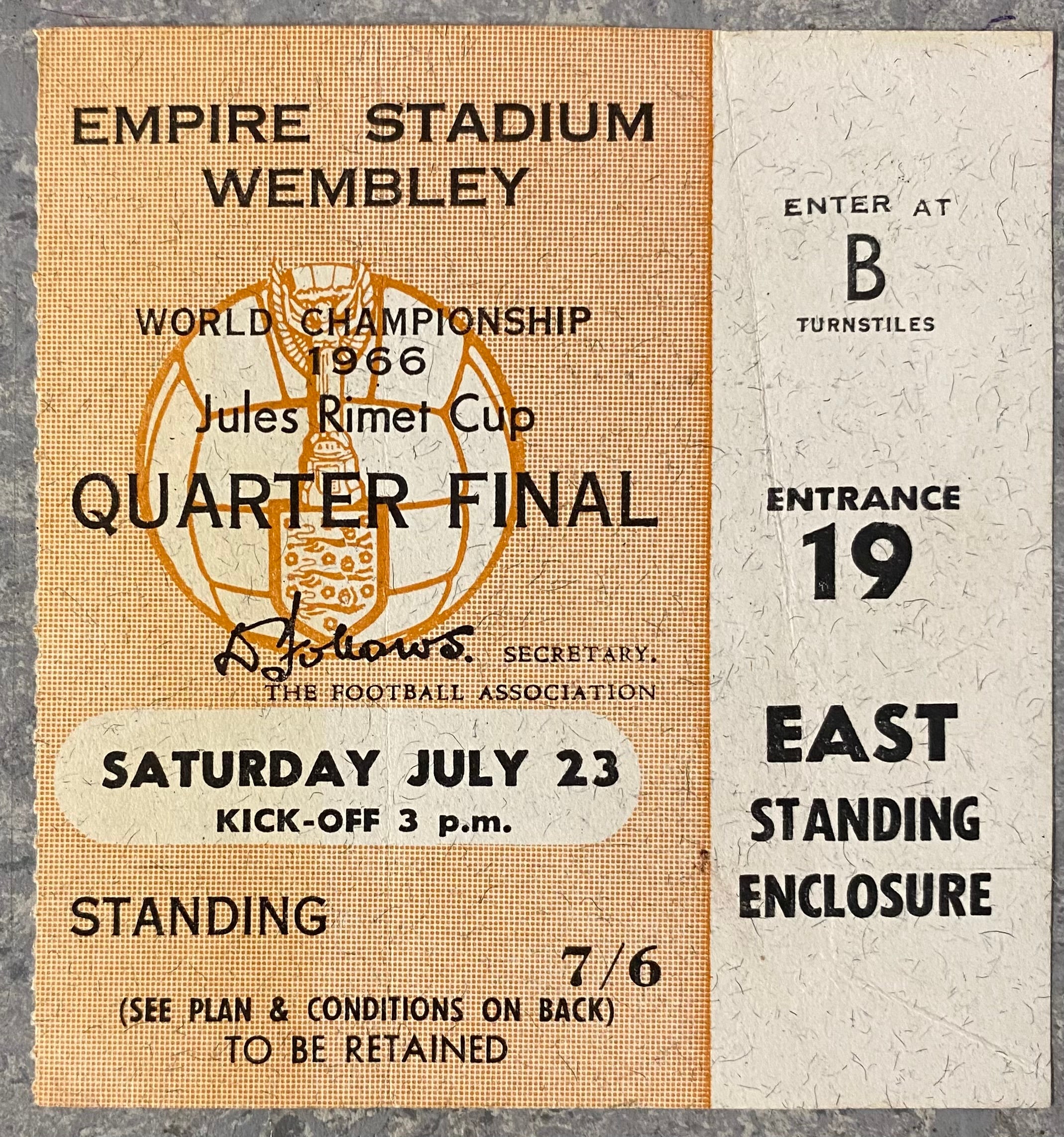 1966 ORIGINAL WORLD CUP QUARTER FINAL TICKET ENGLAND V ARGENTINA @ WEMBLEY