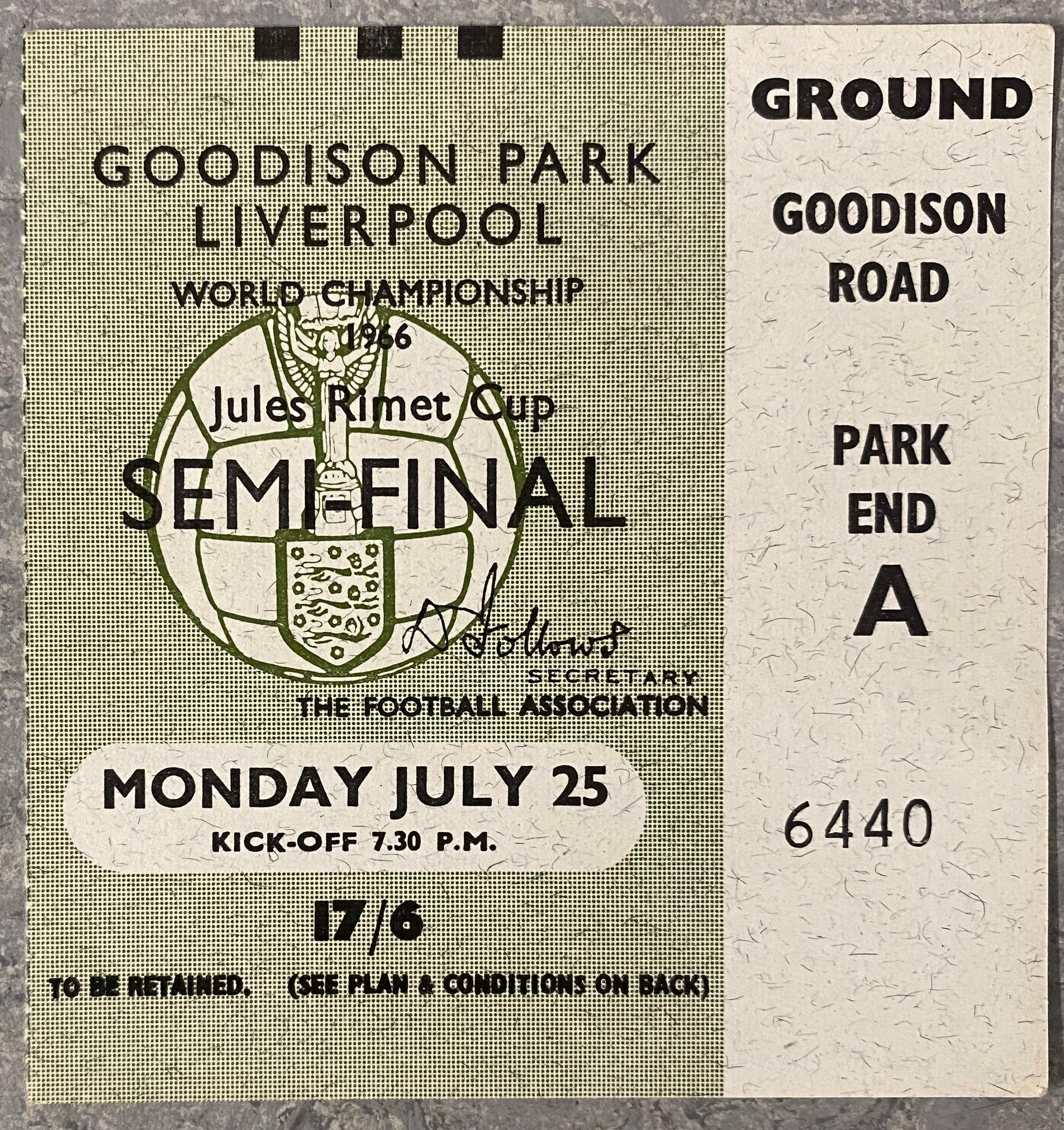 1966 ORIGINAL WORLD CUP SEMI FINAL TICKET WEST GERMANY V SOVIET UNION @ GOODISON PARK