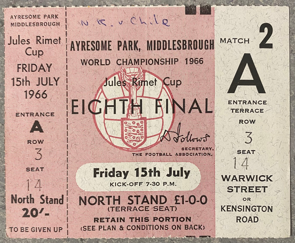 1966 ORIGINAL WORLD CUP 1ST ROUND UNUSED TICKET NORTH KOREA V CHILE @ AYRESOME PARK