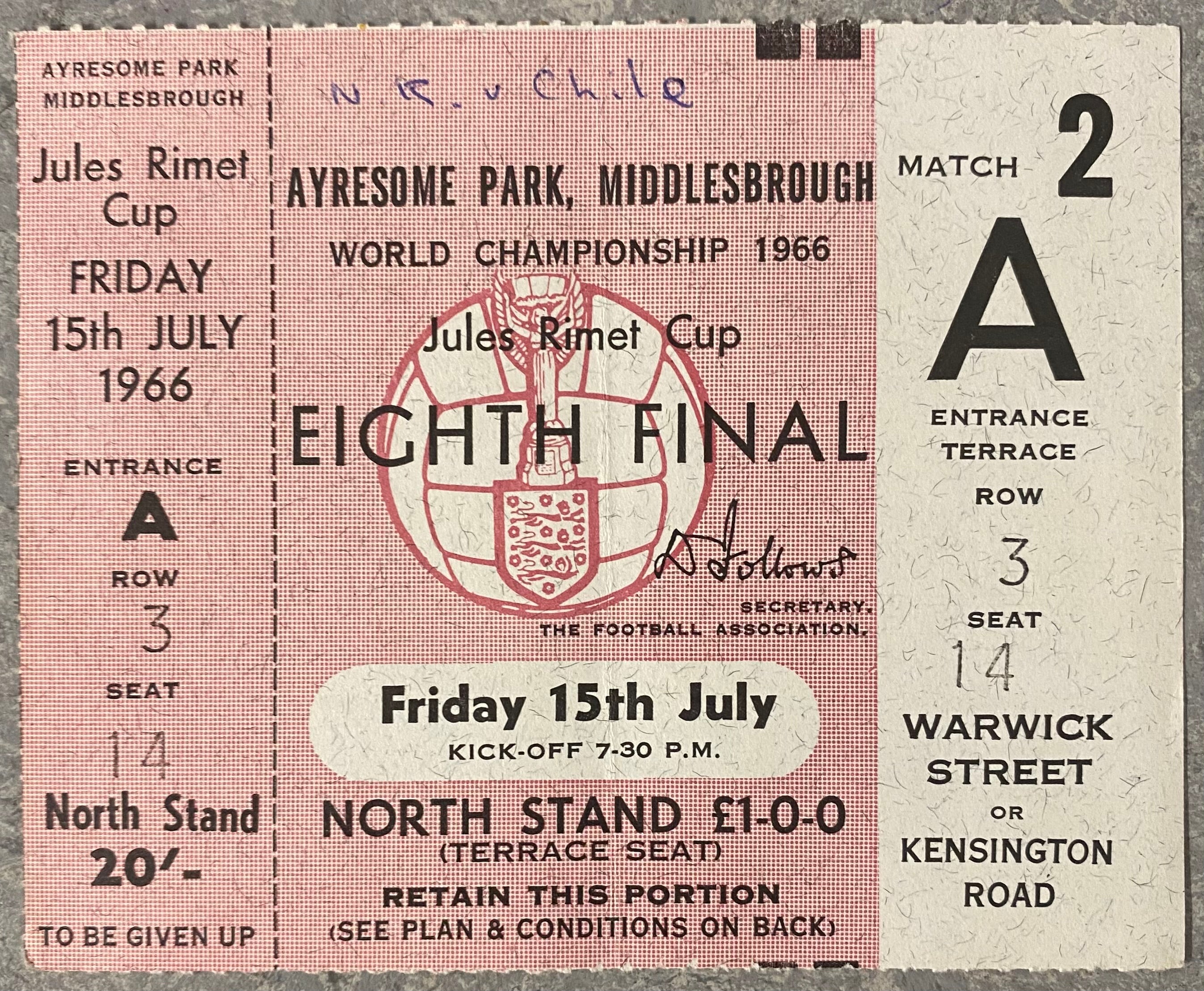 1966 ORIGINAL WORLD CUP 1ST ROUND UNUSED TICKET NORTH KOREA V CHILE @ AYRESOME PARK