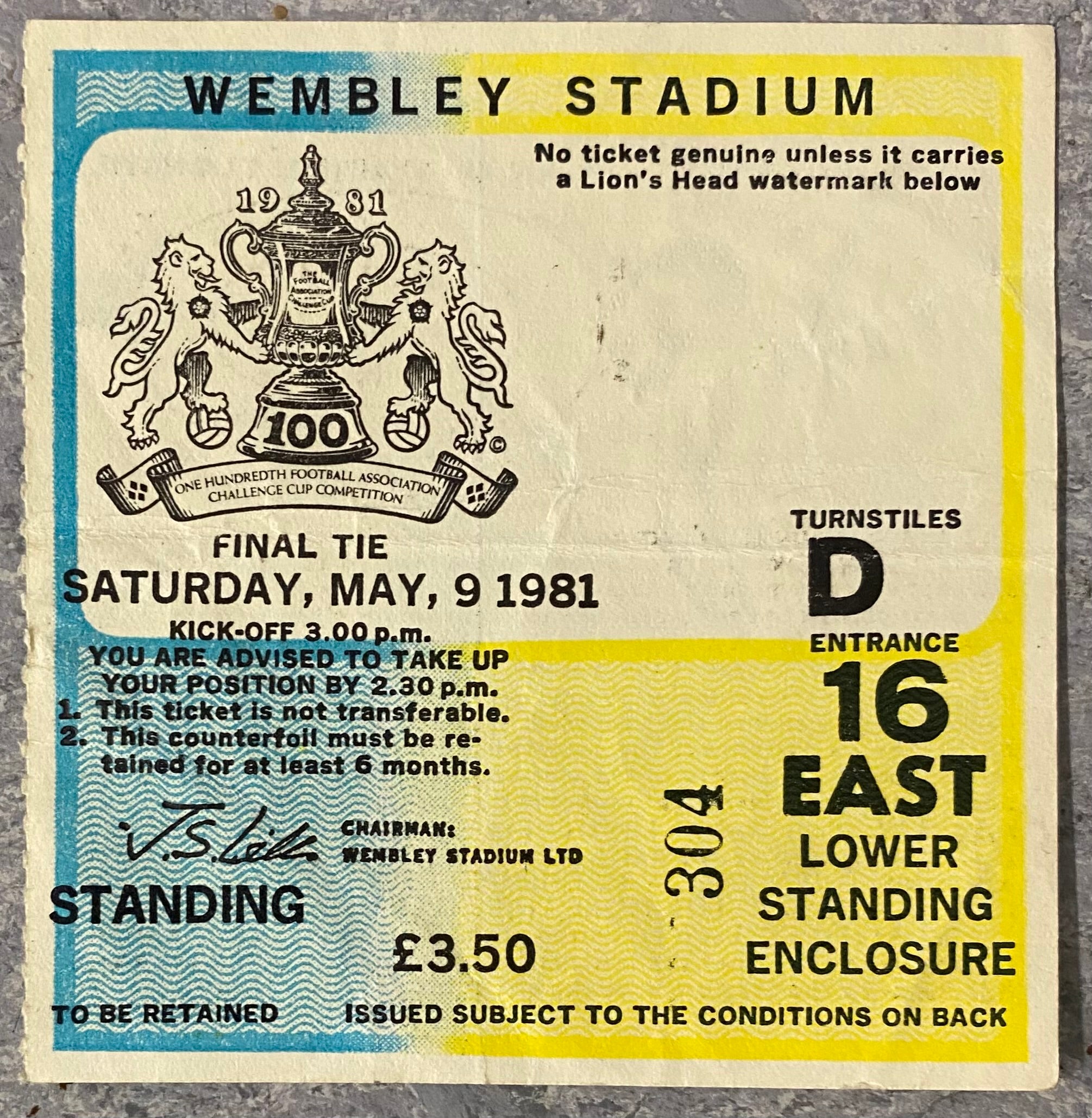 1981 ORIGINAL FA CUP FINAL TICKET TOTTENHAM HOTSPUR V MANCHESTER CITY