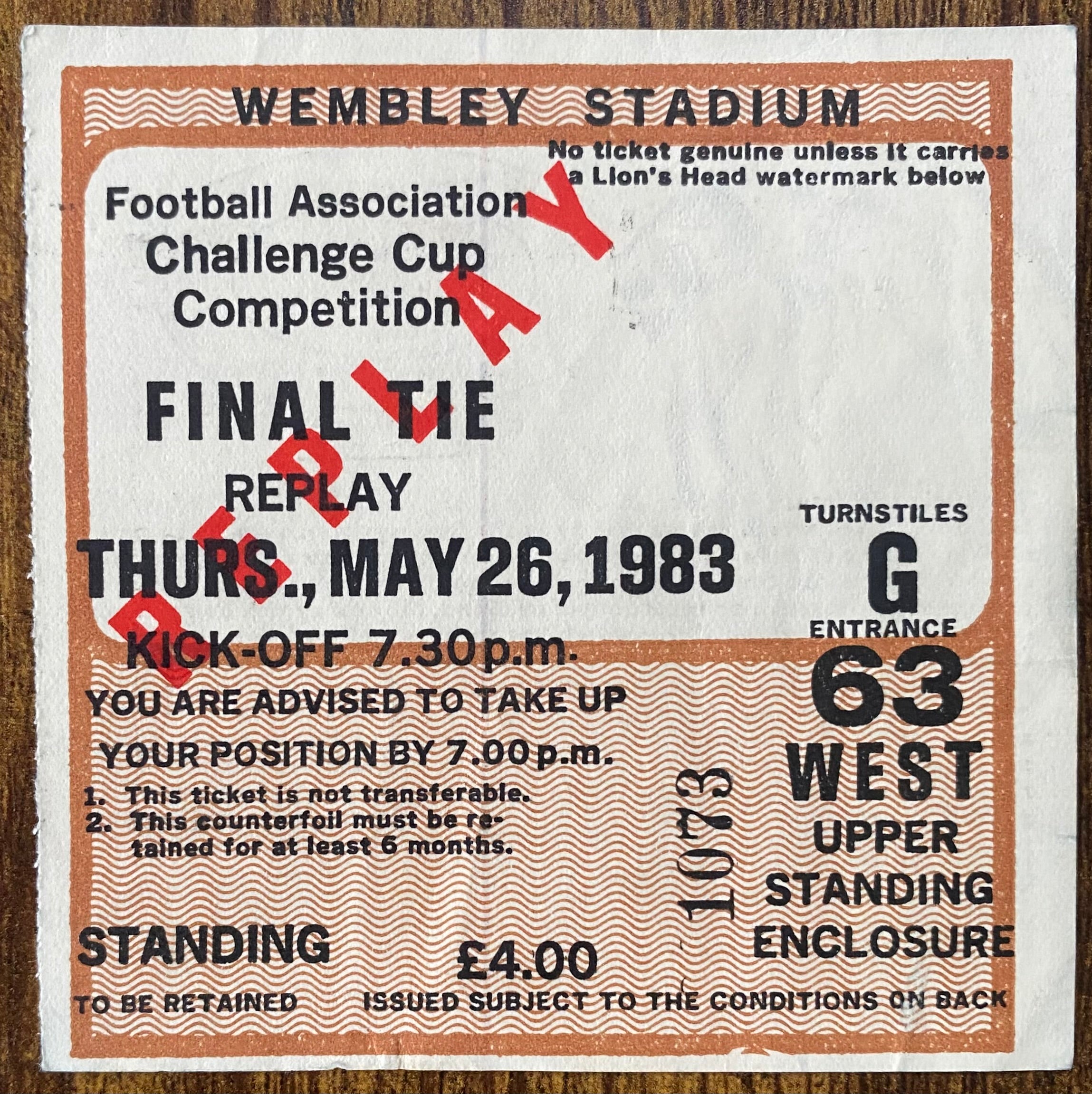 1983 ORIGINAL FA CUP FINAL REPLAY TICKET BRIGHTON AND HOVE ALBION V MANCHESTER UNITED