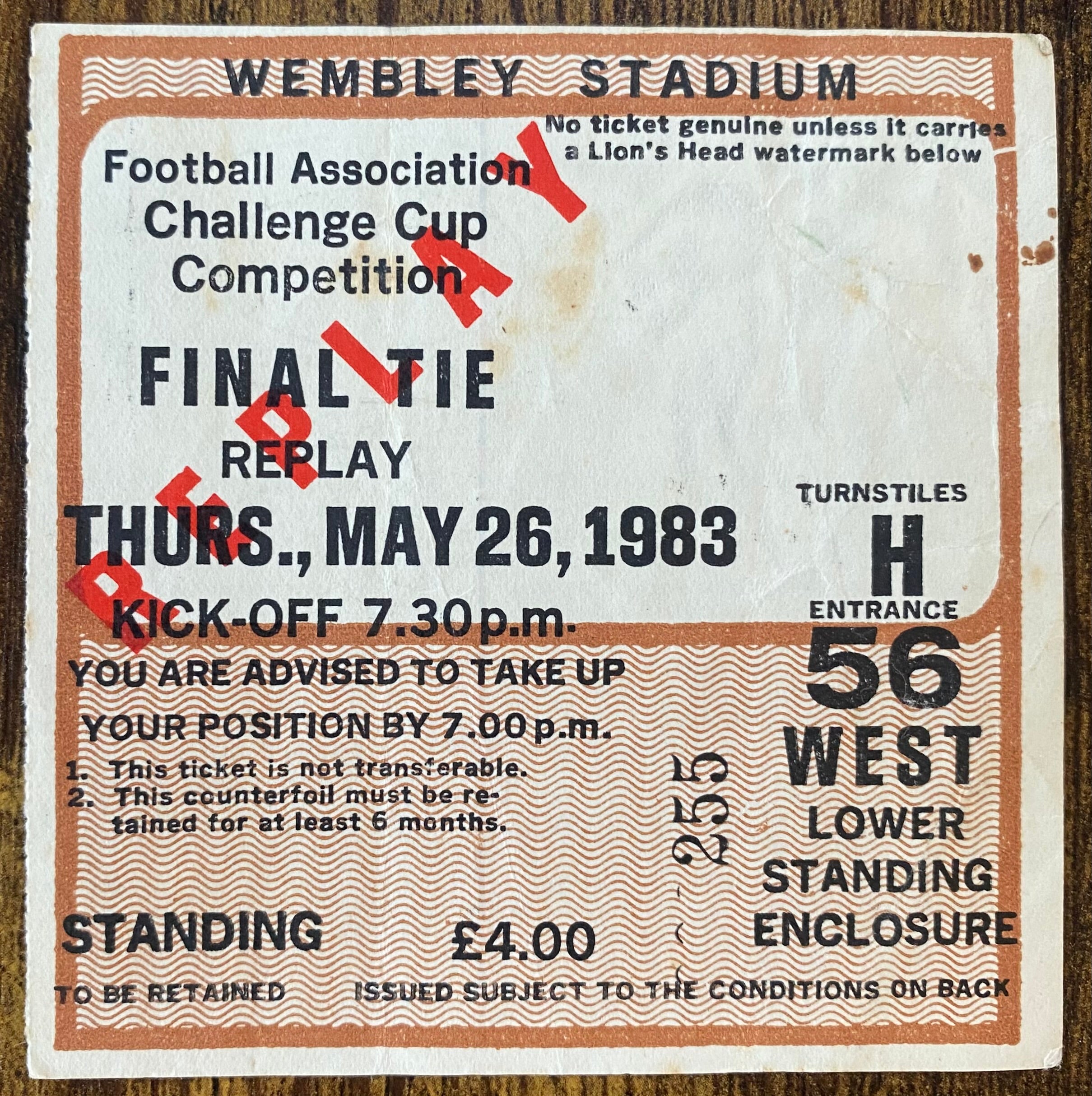 1983 ORIGINAL FA CUP FINAL REPLAY TICKET BRIGHTON AND HOVE ALBION V MANCHESTER UNITED