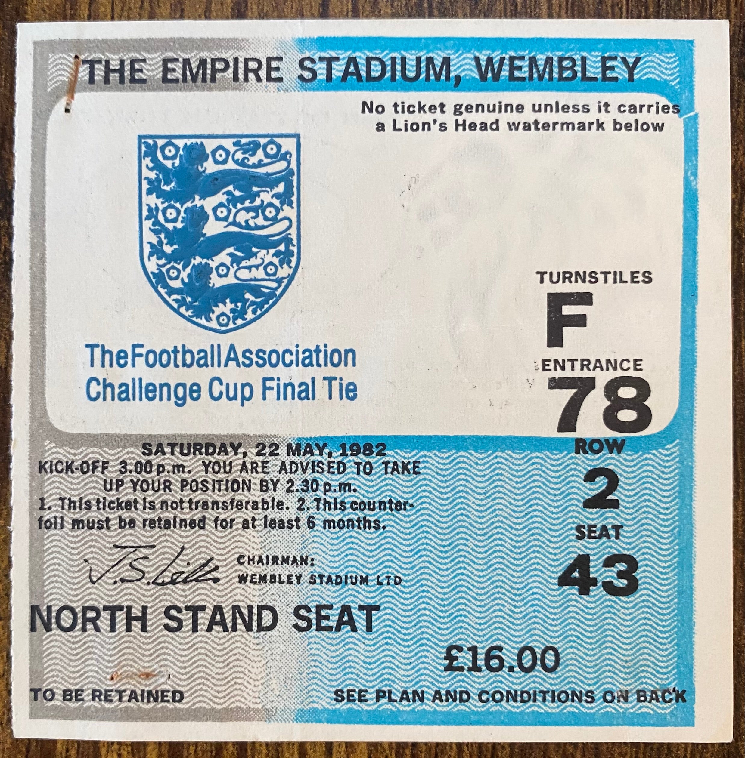 1982 ORIGINAL FA CUP FINAL TICKET TOTTENHAM HOTSPUR V QUEENS PARK RANGERS