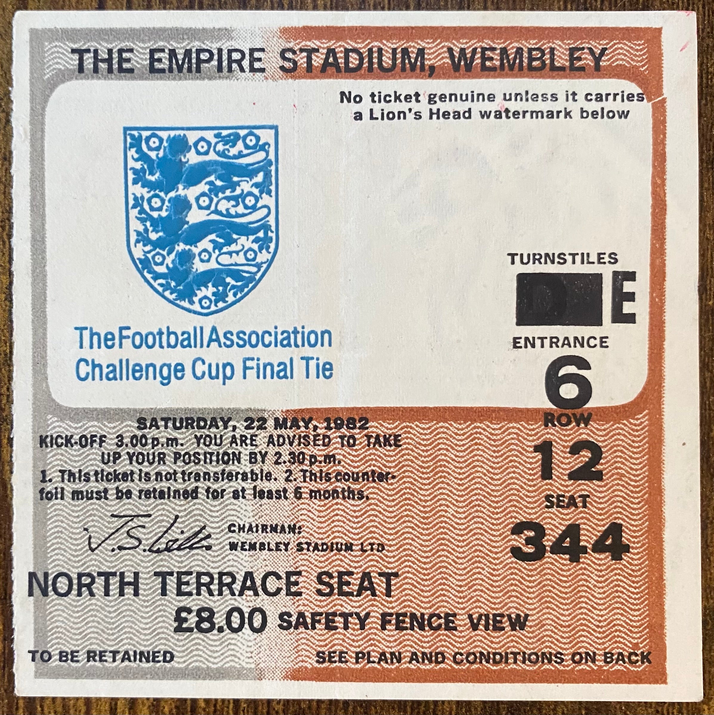 1982 ORIGINAL FA CUP FINAL TICKET TOTTENHAM HOTSPUR V QUEENS PARK RANGERS