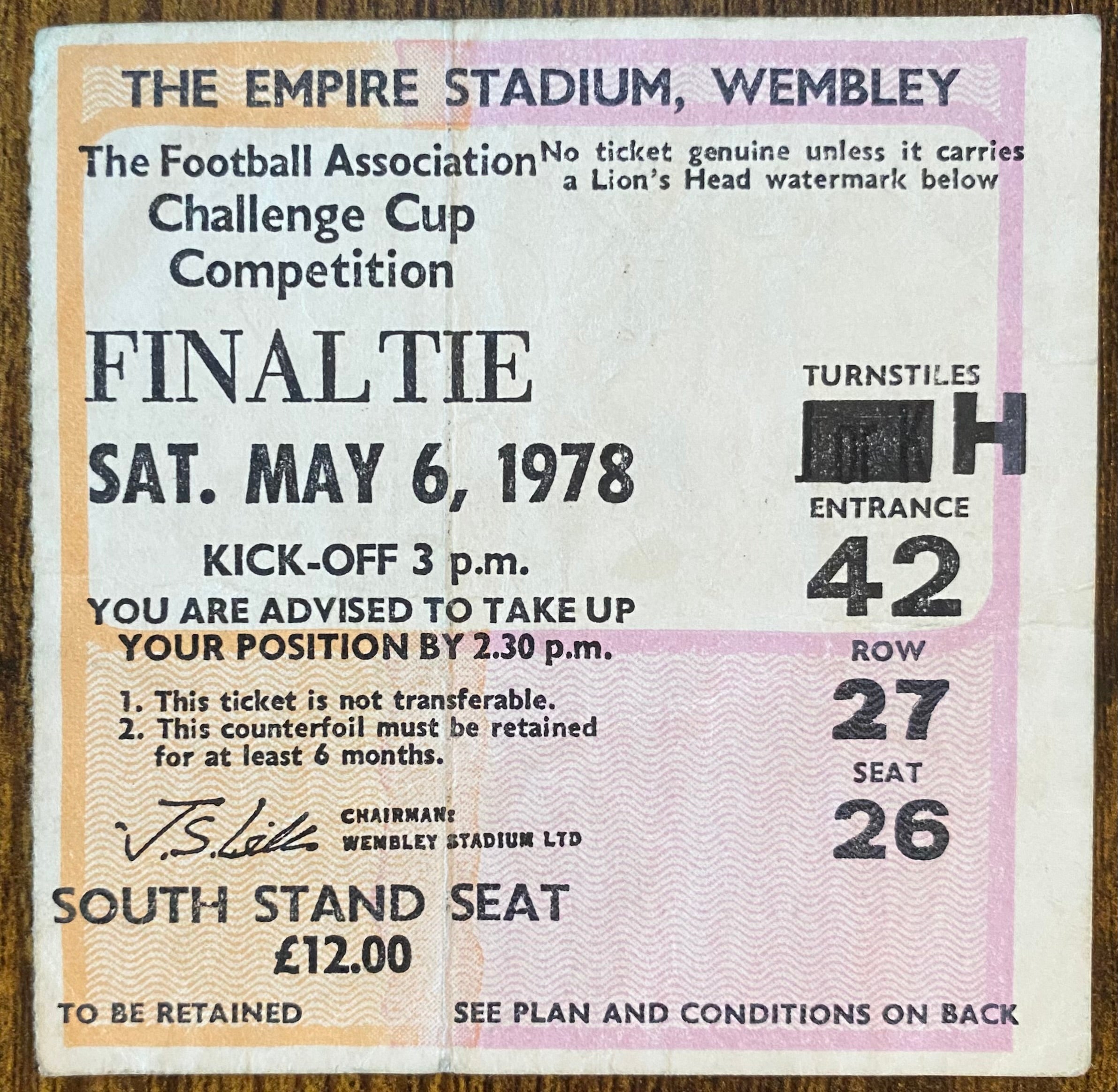 1978 ORIGINAL FA CUP FINAL TICKET IPSWICH TOWN V ARSENAL